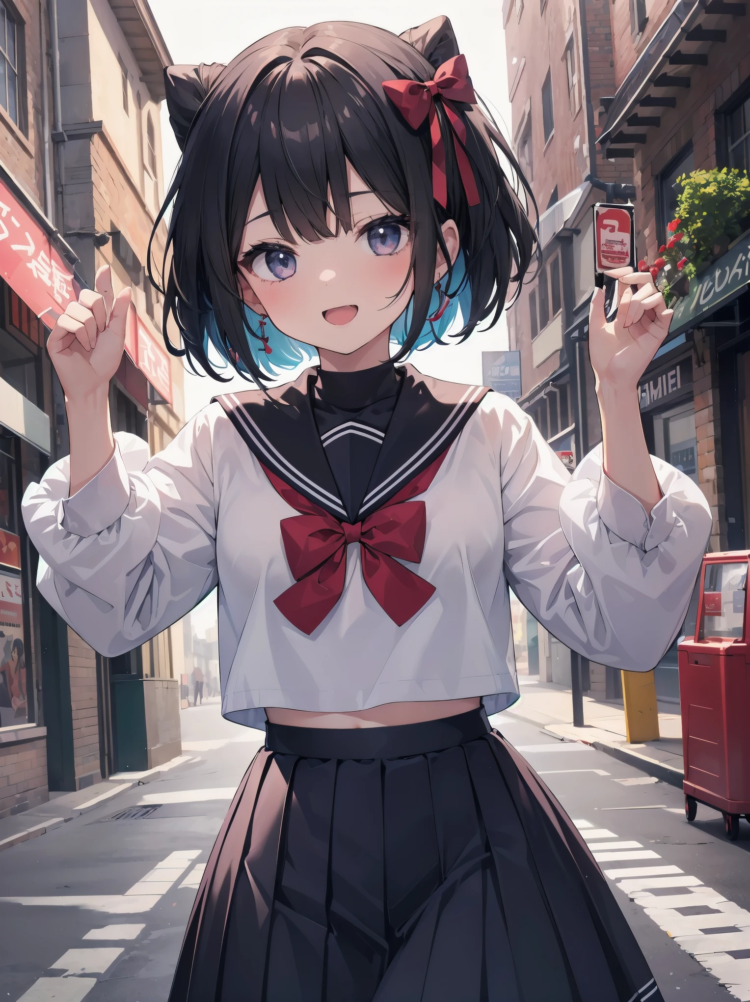1girl,kawaii,cute,face,white long-sleeved sailor uniform,pleated skirt,long skirt,dark blue skirt,red bow on the front,black hair,bob cut,laugh out loud