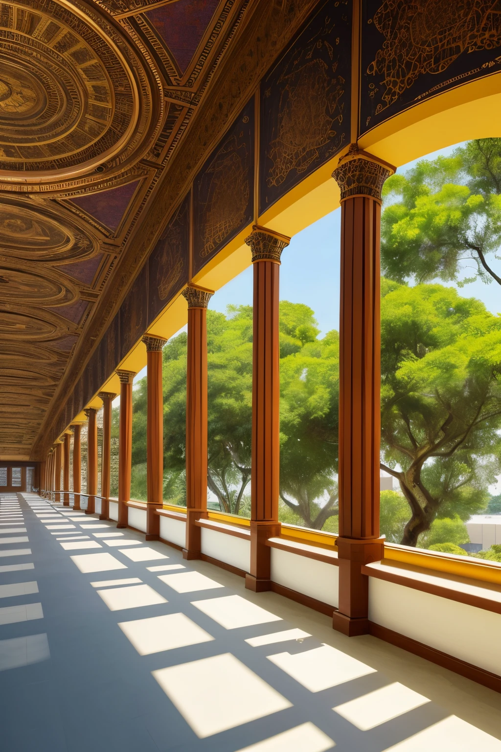 Panoramic view of a large office space, bathed in the warm sunlight of a sunny climate, boasting high resolution and supernatural realism. Decorative walls adorned with intricate designs mimicking the ancient Assyrian civilization, teeming with crazy details and intricacies. The office space is filled with an air of grandeur and sophistication, evoking a sense of awe and wonder. The landscapes depicted on the walls seem to come alive, with lush greenery, towering structures, and vibrant colors that pop against the rich, textured background. The attention to detail is extraordinary, with each element expertly crafted and rendered in stunning clarity. This office is not just