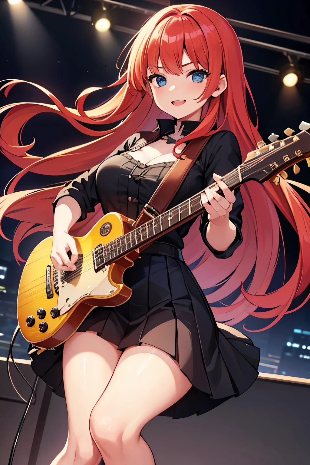 Sunsethuman, Sunset Shimmer, Sunset Shimmer from my little pony, Sunset Shimmer in the form of a girl, medium breasts, lush breasts, voluminous breasts, elastic breasts, five fingers, detailed hands, two hair tones, red-yellow hair, bikini bottom, naked, on stage, bright lights, playing guitar, singing, audience, electric guitar, smiling