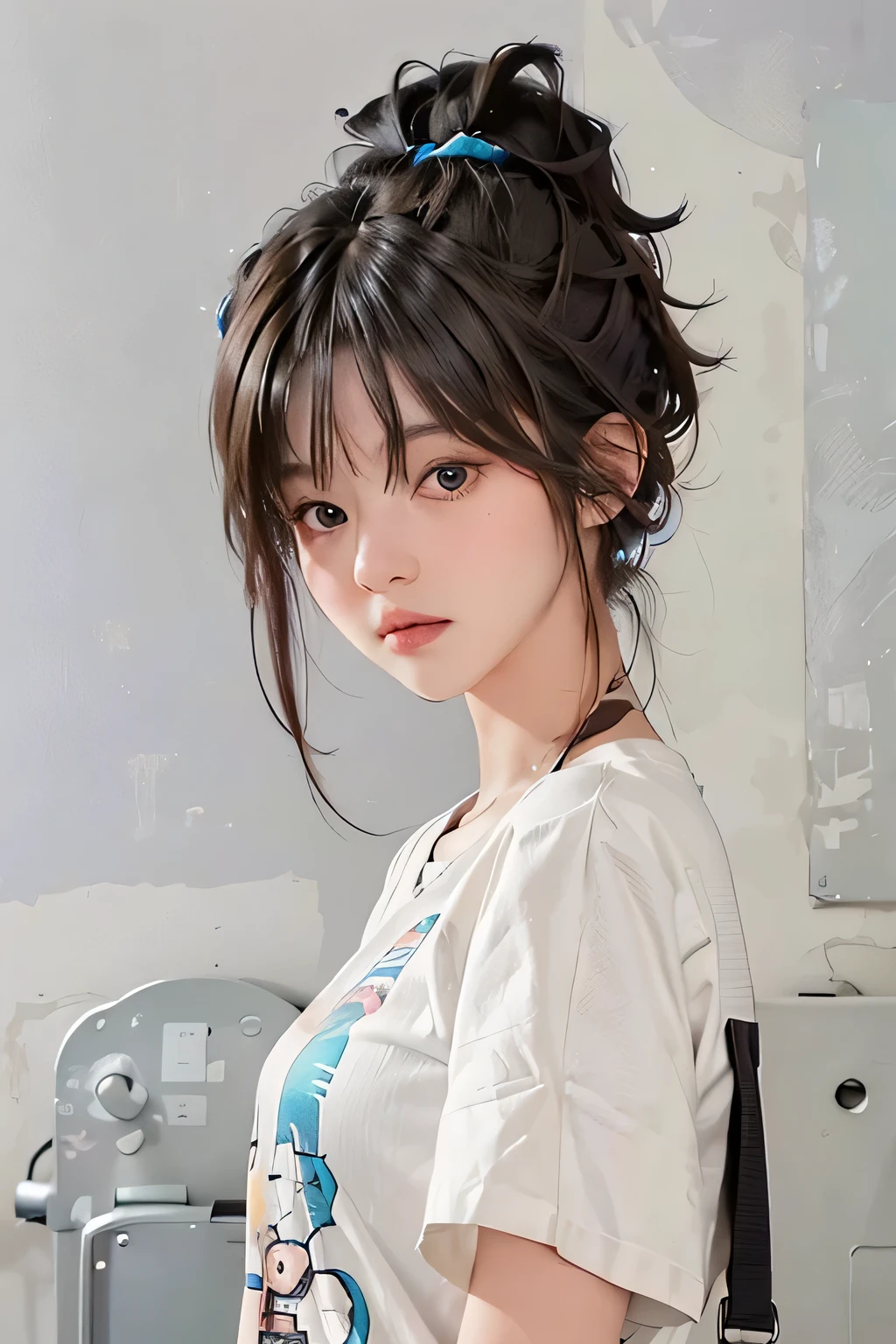 a 30 yo woman,(hi-top fade:1.3),long hair,dark theme, soothing tones, muted colors, high contrast, (natural skin texture, hyperrealism, soft light, sharp),