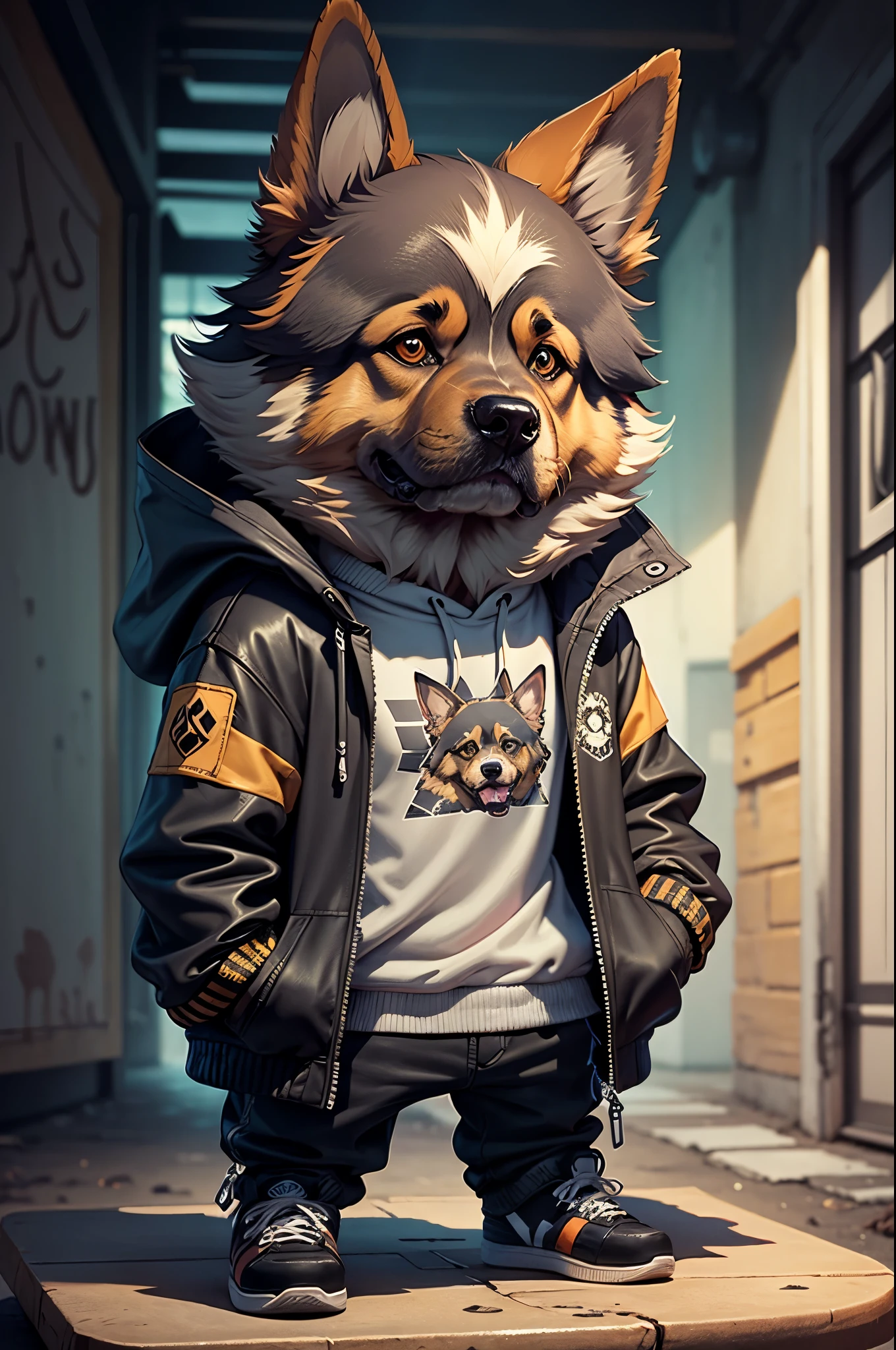 Cartoon German Shepherd dog with jacket and skateboard(Body hair is black and tan)