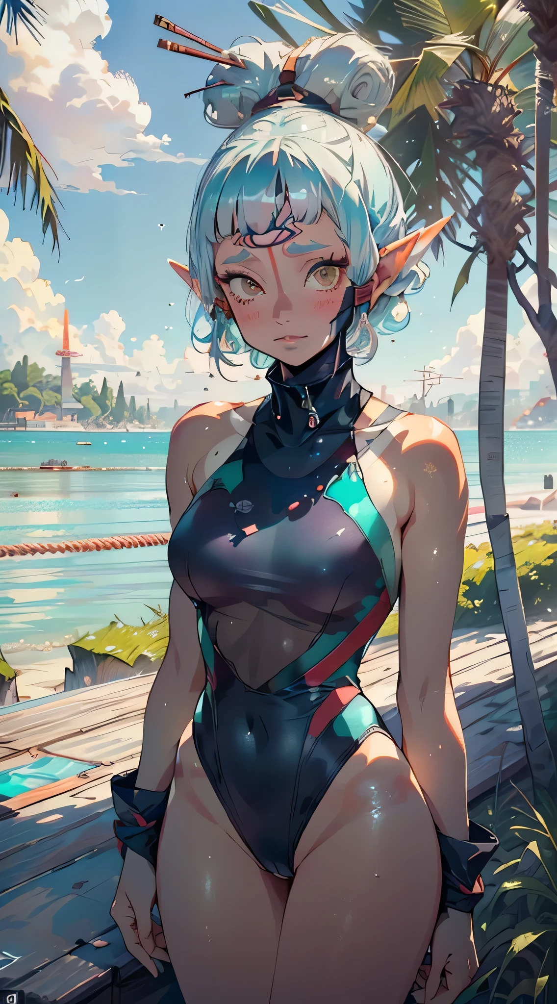 paya, cute elf,(((little ,tiny little body,little))),(((6 ))),((anime elf with extremely cute and beautiful aqua hair)), (((elf,elf ears))),
((lesbian,yuri)),(((flat chest))),((((aqua hair:1.35,short hair,undercut aqua hair,colored inner hair,ear breathing)))),(((aqua_eyes:1.3))),intricate eyes,beautiful detailed eyes,symmetrical eyes,big eyes:1.5,(((dark skin,dark_skin,lustrous skin:1.5,bright skin: 1.5,skin tanned,shiny skin,very shiny skin,shiny body,plastic glitter skin,exaggerated shiny skin,illuminated skin))),(,detailed body,(detailed face)),
cute,slutty,erotic,daring,(((nsfw))),
((Highneck Swimsuit one-piece:1.5, aqua Swimsuit:1.5)),,revealing clothing,show skin,(semi-naked),((intricate outfit,intricate clothes,embroidered outfit,ornate outfit,embroidered clothes,ornate clothes))),
(dynamic pose:1.0),embarrassed,(centered,scale to fit dimensions,Rule of thirds),
((Sky, Sea, clouds,)), with dark stormy clouds,((beach scenery,intricate scenery)),
(Glossy winter ornaments),highres,sharp focus,(ultra detailed,extremely detailed),(photorealistic artwork:1.37),(extremely detailed CG unity 8k wallpaper),(((vibrant colors,vibrant theme))),(intricate),(masterpiece),(best quality),