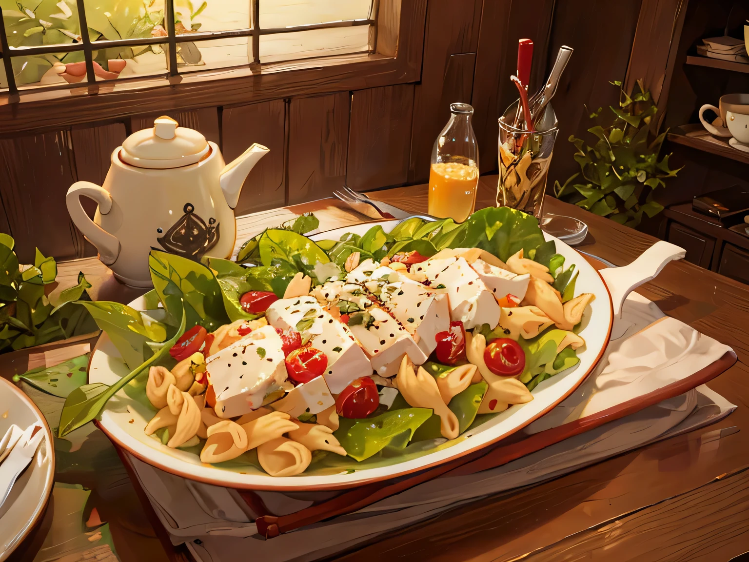 buffet、pasta、salad、black tea、Delicious looking meals、Laid out on the table、colorful