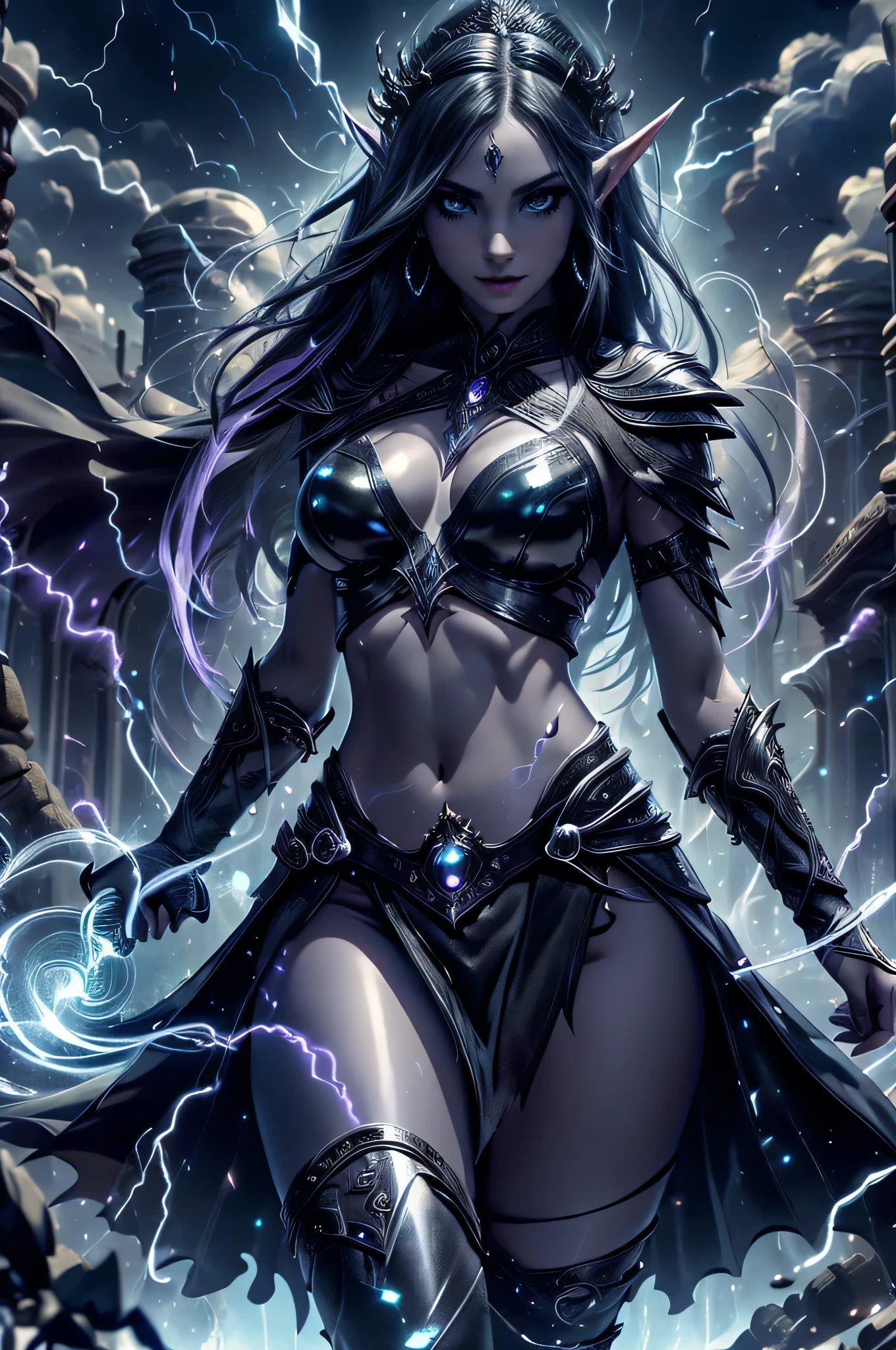 ((masterpiece, best quality)), (extremely detailed CG unity 8k wallpaper), realistic style, solo, one((female)), sorceress, mulatto dark elf/high elf, long pointy ears, dark grey skin, shiny skin, tanned, very long hair, bi-color streaked hair, multicolor hair, shiny black hair, ponytail, white eyes with violet irises, glowing irises, extremely detailed eyes, long eyelashes, upturn eyes, upturn brows, smirk smile, firm round large breasts, cleavage, midriff, athletic build, muscle toned, shiny skin curvaceous, BREAK, Attire: Gothic/Tribal style, earrings, silver tiara with jewels and a ferronnière , iridescent chrome black leather armor, a sexy iridescent chrome black leather bikini top, a sexy Violet sheer silk double sided split skirt bottom, mid-thigh high iridescent chrome leather boots, rapier sword scabbard with thin belt, BREAK, Area setting: dark fantasy style, ancient ruins, full body view, levitating off the ground, casting spell, thundermagic, excessive energy, charged aura, BREAK, Viewer POV: Front, from below, (centered, Scale to fit dimensions, Rule of thirds), Dynamic Action Pose, BREAK, electrical storm in sky, lightning, windy, cinematic lighting. one body, good hands/perfect hands, good fingers/perfect fingers.