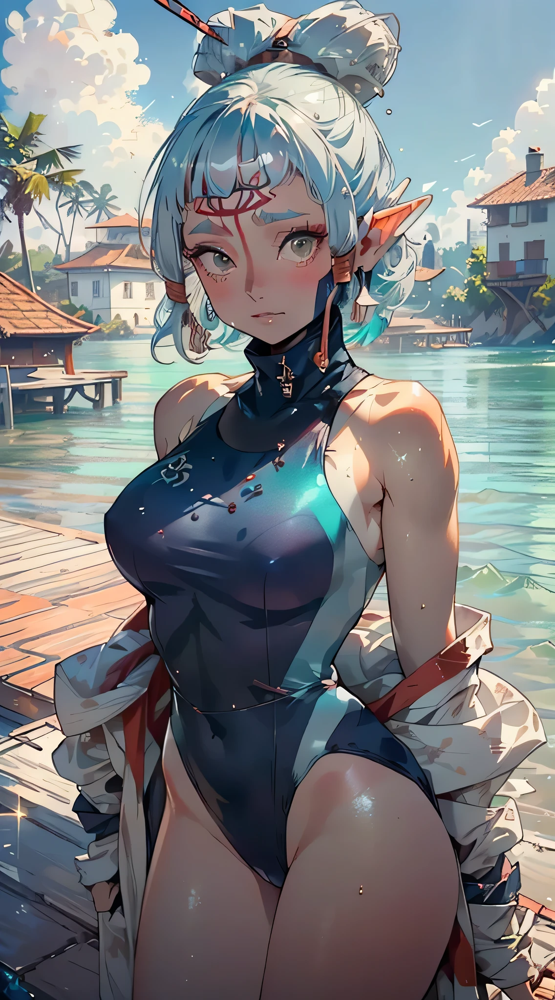 paya, cute  elf,(((little ,tiny little body,little))),((())),((anime elf  with extremely cute and beautiful aqua hair)), (((elf,elf ears))),

((lesbian,yuri)),(((flat chest))),((((aqua hair:1.35,short hair,undercut aqua hair,colored inner hair,ear breathing)))),(((aqua_eyes:1.3))),intricate eyes,beautiful detailed eyes,symmetrical eyes,big eyes:1.5,(((dark skin,dark_skin,lustrous skin:1.5,bright skin: 1.5,skin tanned,shiny skin,very shiny skin,shiny body,plastic glitter skin,exaggerated shiny skin,illuminated skin))),(,detailed body,(detailed face)),

cute,slutty,erotic,daring,(((nsfw))),

((Highneck Swimsuit one-piece:1.5, aqua Swimsuit:1.5)),,revealing clothing,show skin,(semi-naked),((intricate outfit,intricate clothes,embroidered outfit,ornate outfit,embroidered clothes,ornate clothes))),

(dynamic pose:1.0),embarrassed,(centered,scale to fit dimensions,Rule of thirds),

((Sky, Sea, clouds,)), with dark stormy clouds,((beach scenery,intricate scenery)),

(Glossy winter ornaments),highres,sharp focus,(ultra detailed,extremely detailed),(photorealistic artwork:1.37),(extremely detailed CG unity 8k wallpaper),(((vibrant colors,vibrant theme))),(intricate),(masterpiece),(best quality),