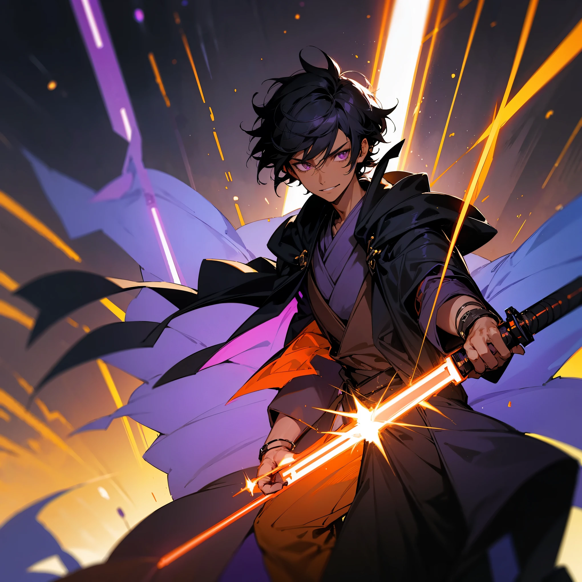 Dark skin, 1male, young, star wars clothes, black hair, short hair, purple eyes, slight grin, black cloak, orange lightsaber, master piece