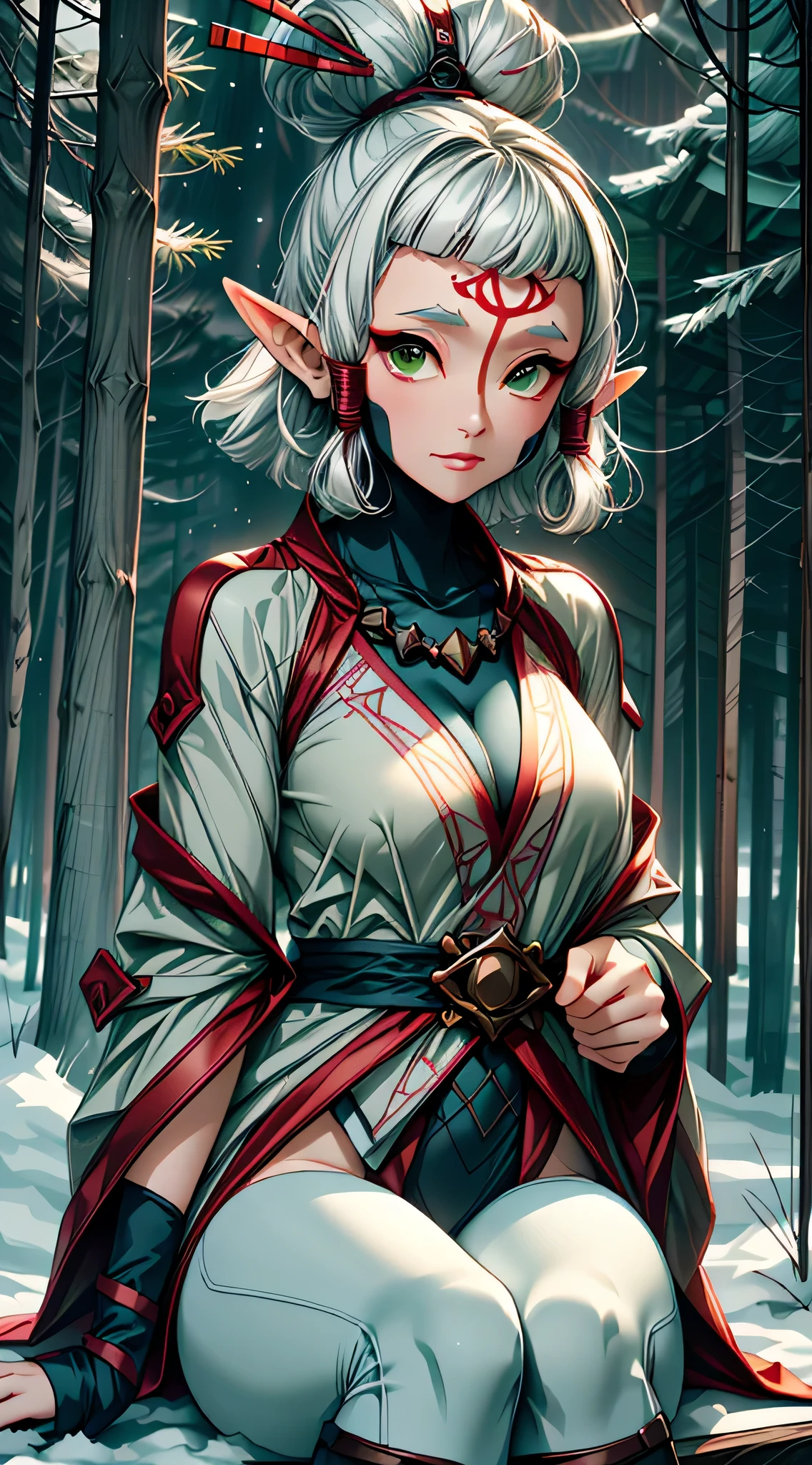 paya, cute elf,((anime elf with extremely cute and beautiful brown hair)), (((elf))), (((elf ears))),((((white hair:1.35,short brown hair,boy haircut,tny short haircut,colored inner hair,ear breathing)))),(((green_eyes:1.3))),intricate eyes,beautiful detailed eyes,symmetrical eyes,big eyes:1.5,(((lustrous skin:1.5,bright skin: 1.5,skin tanned,shiny skin,very shiny skin,shiny body,plastic glitter skin,exaggerated shiny skin,illuminated skin))),(detailed body,(detailed face)), cute,slutty,erotic,daring,((nsfw)), (((intricate outfit,intricate clothes,embroidered outfit,ornate outfit,embroidered clothes,ornate clothes))), (dynamic pose:1.0),happy,smile,(centered,scale to fit dimensions,Rule of thirds), ((snowy pine forest at night)), with dark stormy clouds,winter,scenery:1.25,((snow forest background)),Christmas tree, highres,sharp focus,(ultra detailed,extremely detailed),(photorealistic artwork:1.37),(extremely detailed CG unity 8k wallpaper),(((vibrant colors,vibrant theme))),(intricate),(masterpiece),(best quality), sitting