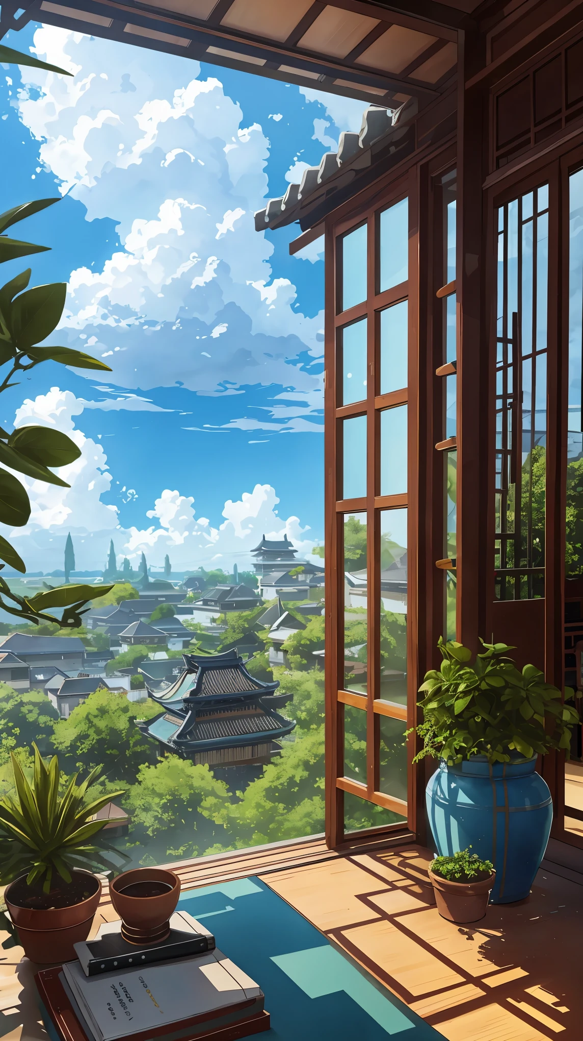 a window with a garden, outdoors, sky, day, cloud, tree, cup, blue sky, book, no humans, leaf, table, plant, scenery, desk, potted plant, east asian architecture, cumulonimbus cloud