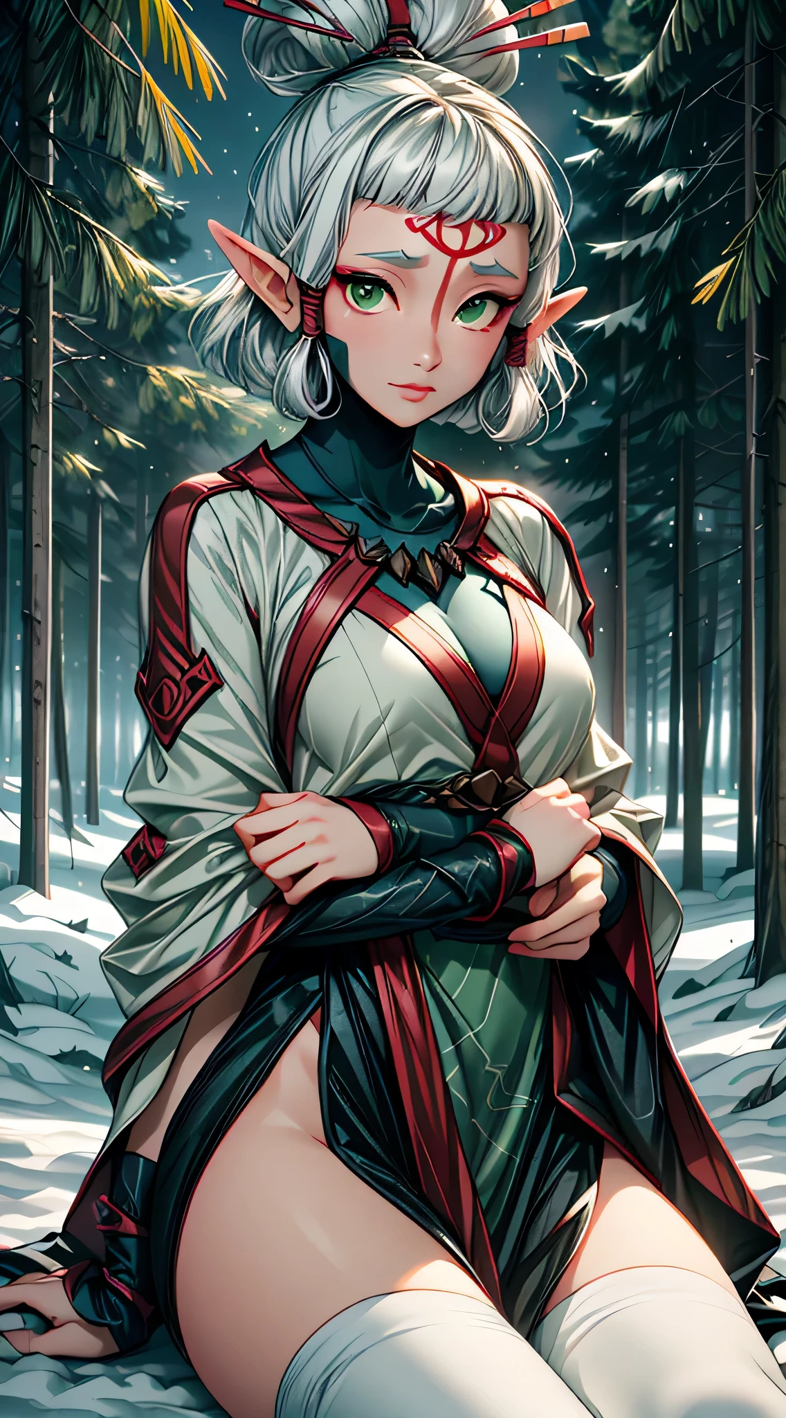 paya, cute elf,((anime elf with extremely cute and beautiful brown hair)), (((elf))), (((elf ears))),((((white hair:1.35,short brown hair,boy haircut,tny short haircut,colored inner hair,ear breathing)))),(((green_eyes:1.3))),intricate eyes,beautiful detailed eyes,symmetrical eyes,big eyes:1.5,(((lustrous skin:1.5,bright skin: 1.5,skin tanned,shiny skin,very shiny skin,shiny body,plastic glitter skin,exaggerated shiny skin,illuminated skin))),(detailed body,(detailed face)), cute,slutty,erotic,daring,((nsfw)), (((intricate outfit,intricate clothes,embroidered outfit,ornate outfit,embroidered clothes,ornate clothes))), (dynamic pose:1.0),happy,smile,(centered,scale to fit dimensions,Rule of thirds), ((snowy pine forest at night)), with dark stormy clouds,winter,scenery:1.25,((snow forest background)),Christmas tree, highres,sharp focus,(ultra detailed,extremely detailed),(photorealistic artwork:1.37),(extremely detailed CG unity 8k wallpaper),(((vibrant colors,vibrant theme))),(intricate),(masterpiece),(best quality), sitting
