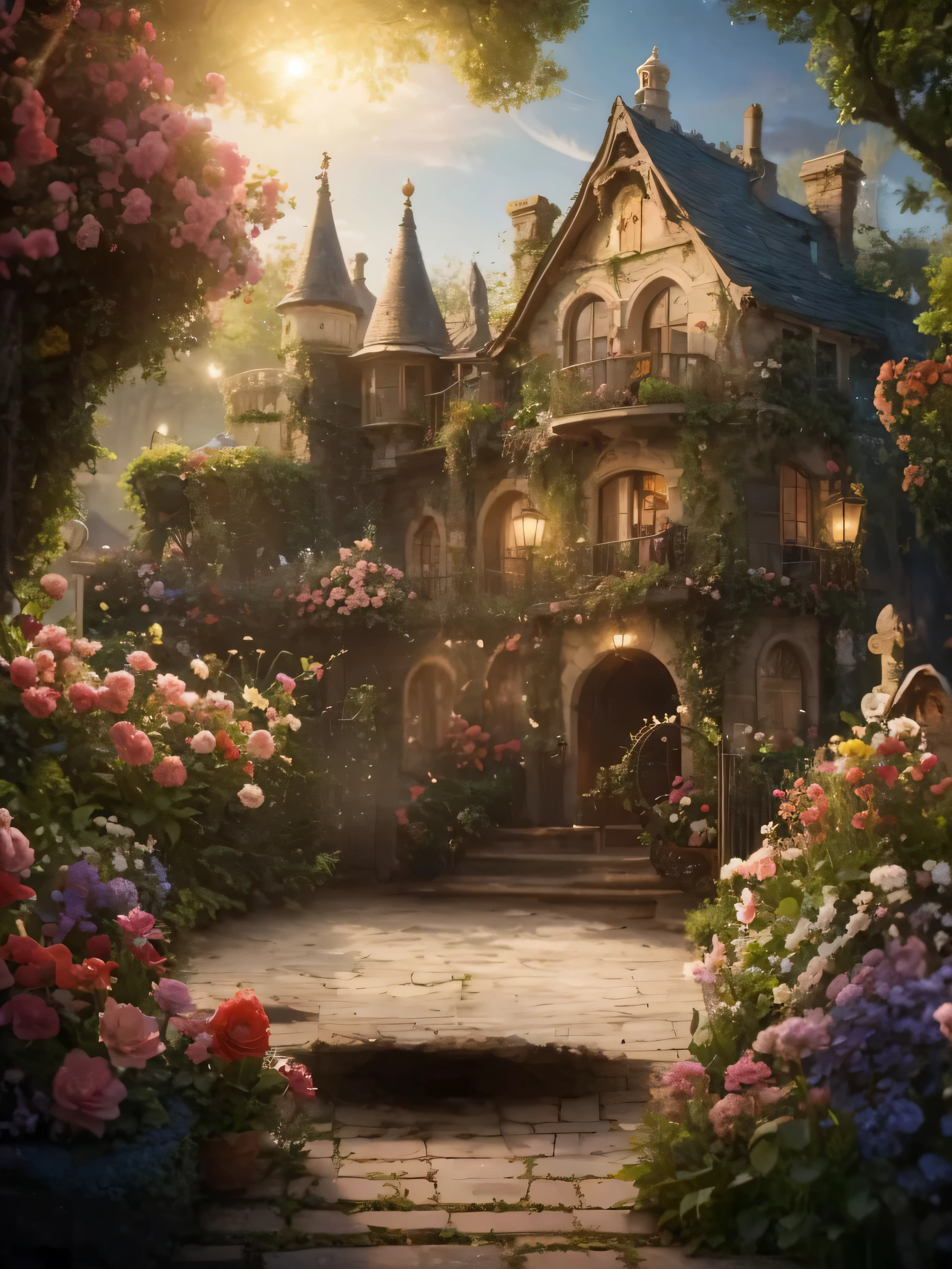 Close-up of house with many flowers in front, Beautiful fairy tale rendering, author：Arthur pen, Unreal Engine ; romantic theme, fairytale place, Tom Kincaid, Magical realism style, 4K details fantasy, 4k highly detailed digital art, Beautiful and detailed fantasy, Unreal Engine fantasy art, 4K Matte Thomas Kinkade