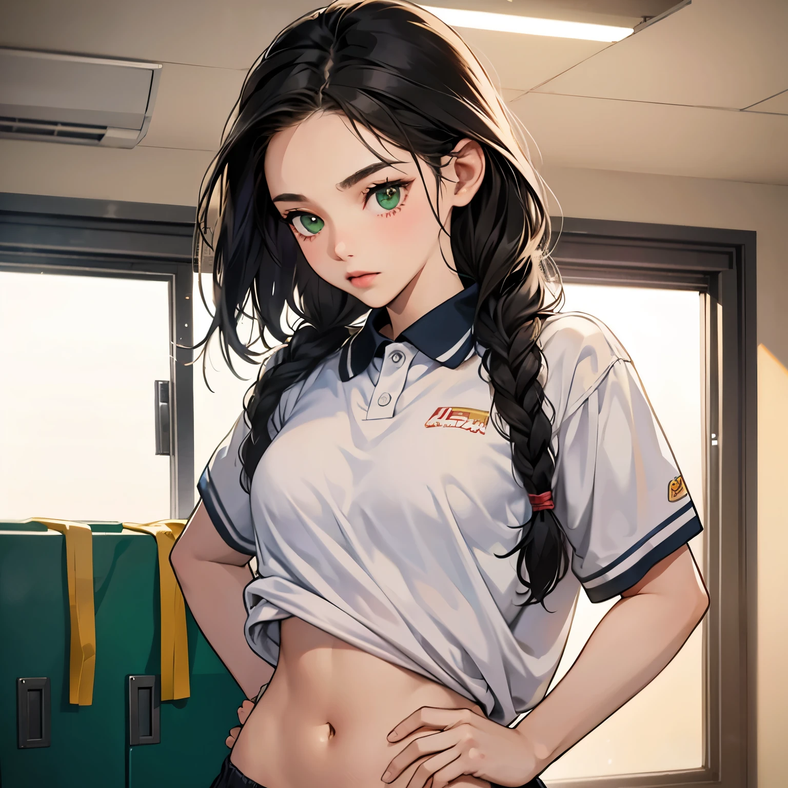 A girl with black hair in braids, green eyes, thin lips, round face, small flat breasts, thin hips, ****ta style, 18 years old, wearing a private physical education uniform, inside the locker room