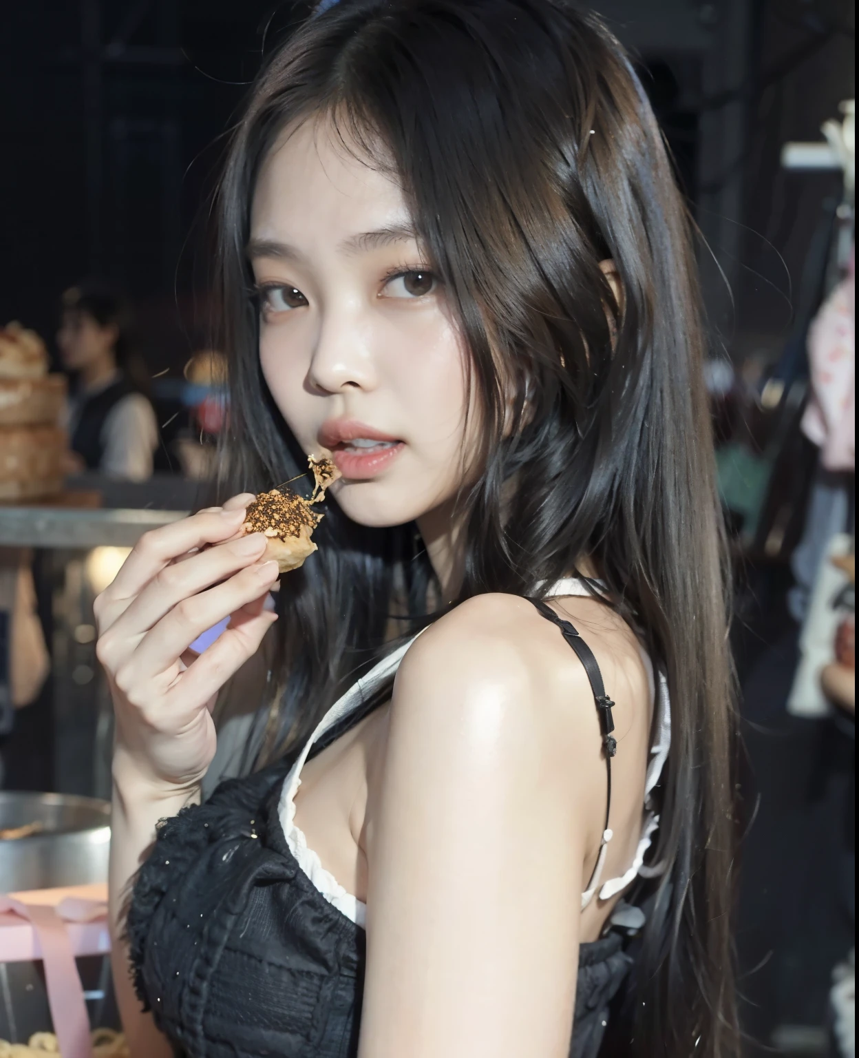 Araffe Asian woman with long black hair eating a piece of food, jennie blackpink, jossi do blackpink, Linda jovem coreana, parque roseanne de blackpink, linda mulher sul-coreana, Japanese model, beautiful chinese model, coreana, Asian with long hair, Gongbi, a young Asian woman, Linda jovem coreana, Ulzzang