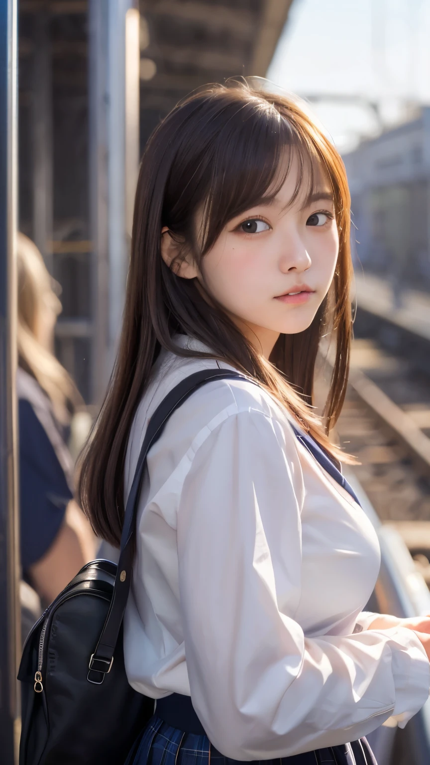 (masterpiece:1.2, highest quality), bokeh, 1 high school girl,
(Japanese idle:1.6), Plump breast, Blushed face, Looking at the viewer, walking in the train railway, high school uniform:1.6), sundown, Close up,