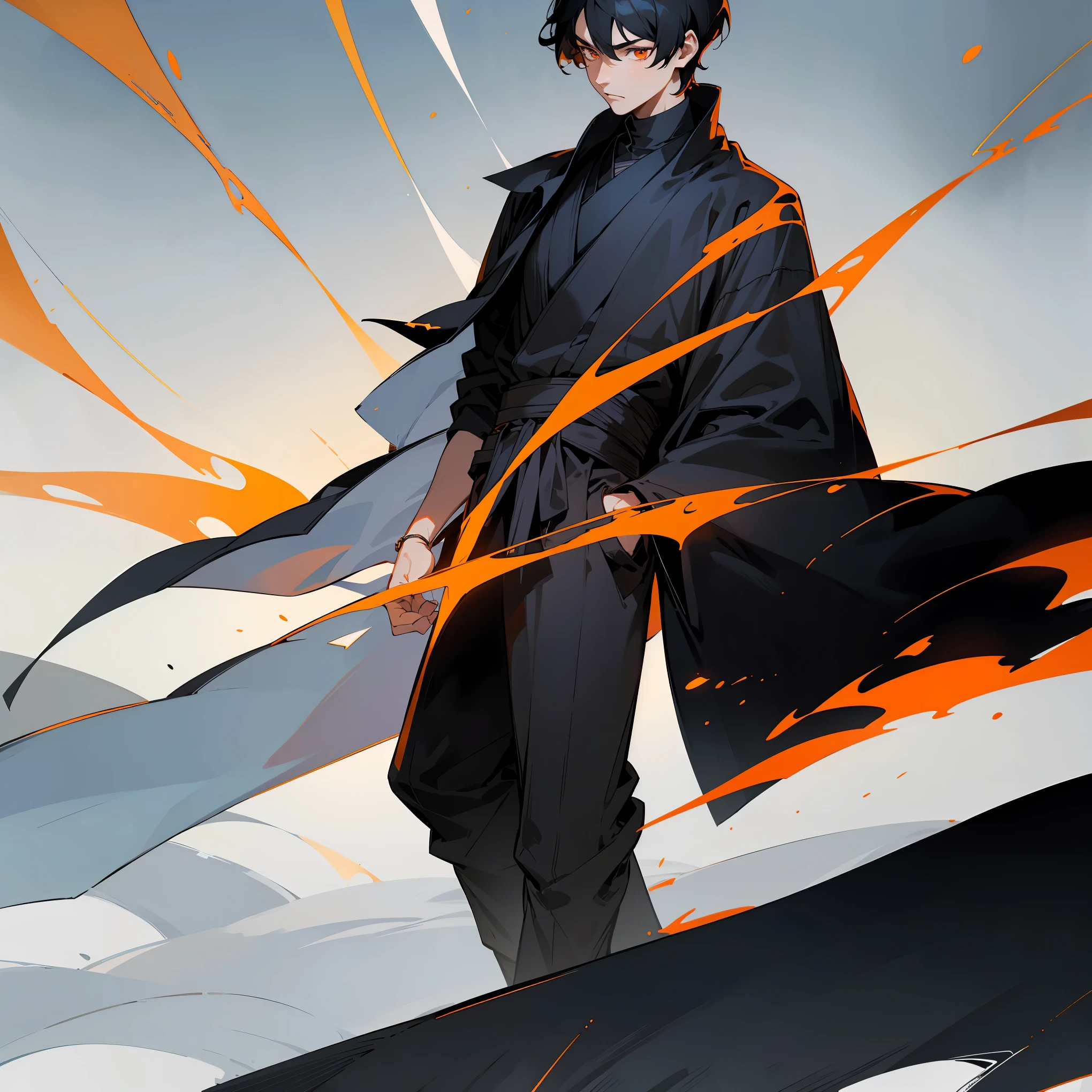 1male , Black Hair , Black Eyes , Serious Expression,  Male , Black Longsleeve Shirt, Fitted Clothing , Black Turtleneck , Bright Lightning , Forest Background , Standing on path , Tengu Mask on Face 