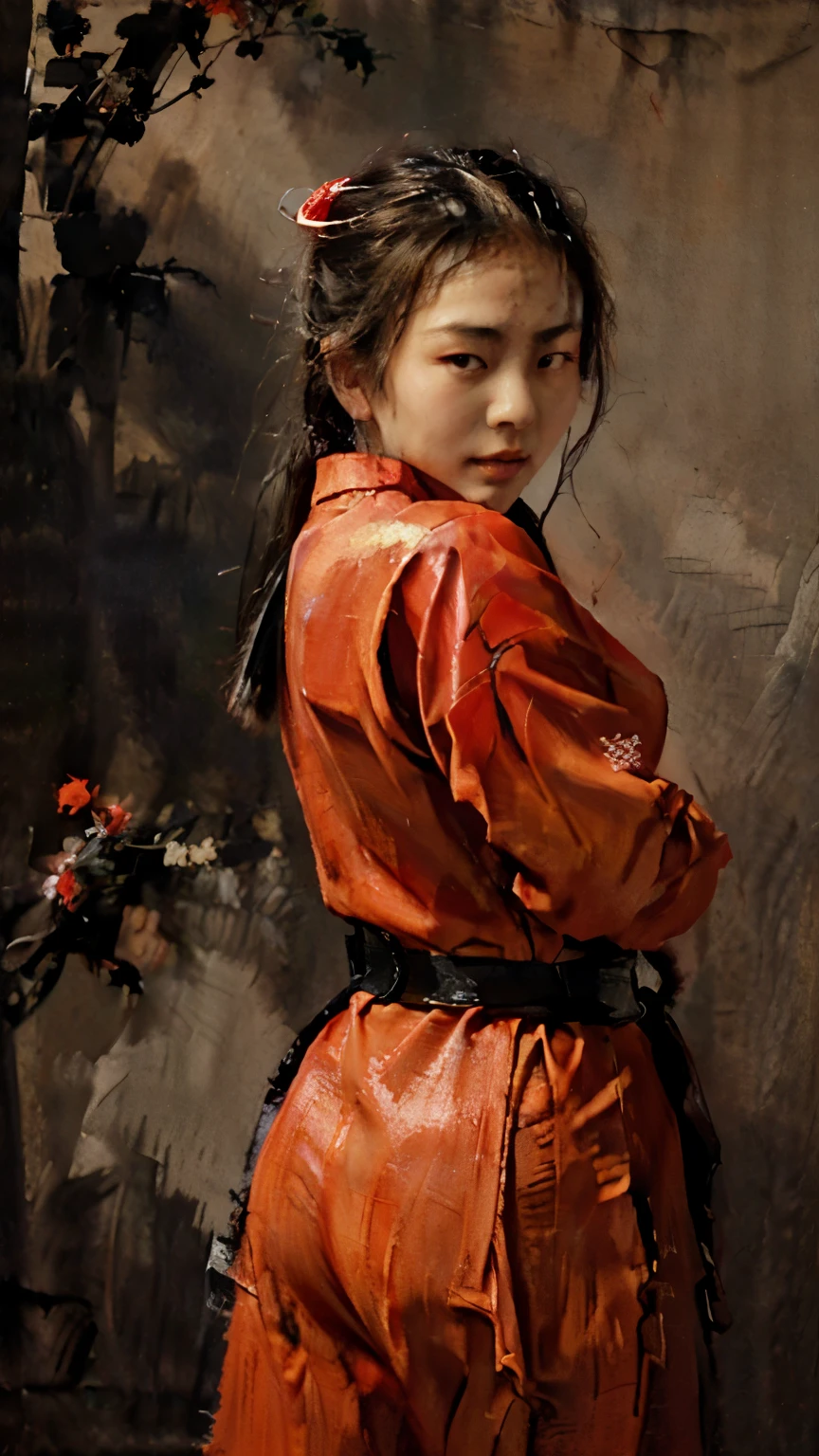 ( classic asian oil painting ) a classic asian oil painting of a sexy asian ager ninja girl wearing a red ninja uniform, red ninja assassin uniform, action ninja pose looking at the camera, ((sexy:1.0)), ((red shinobi uniform:1.0)) ((classic asian oil painting:1.0))