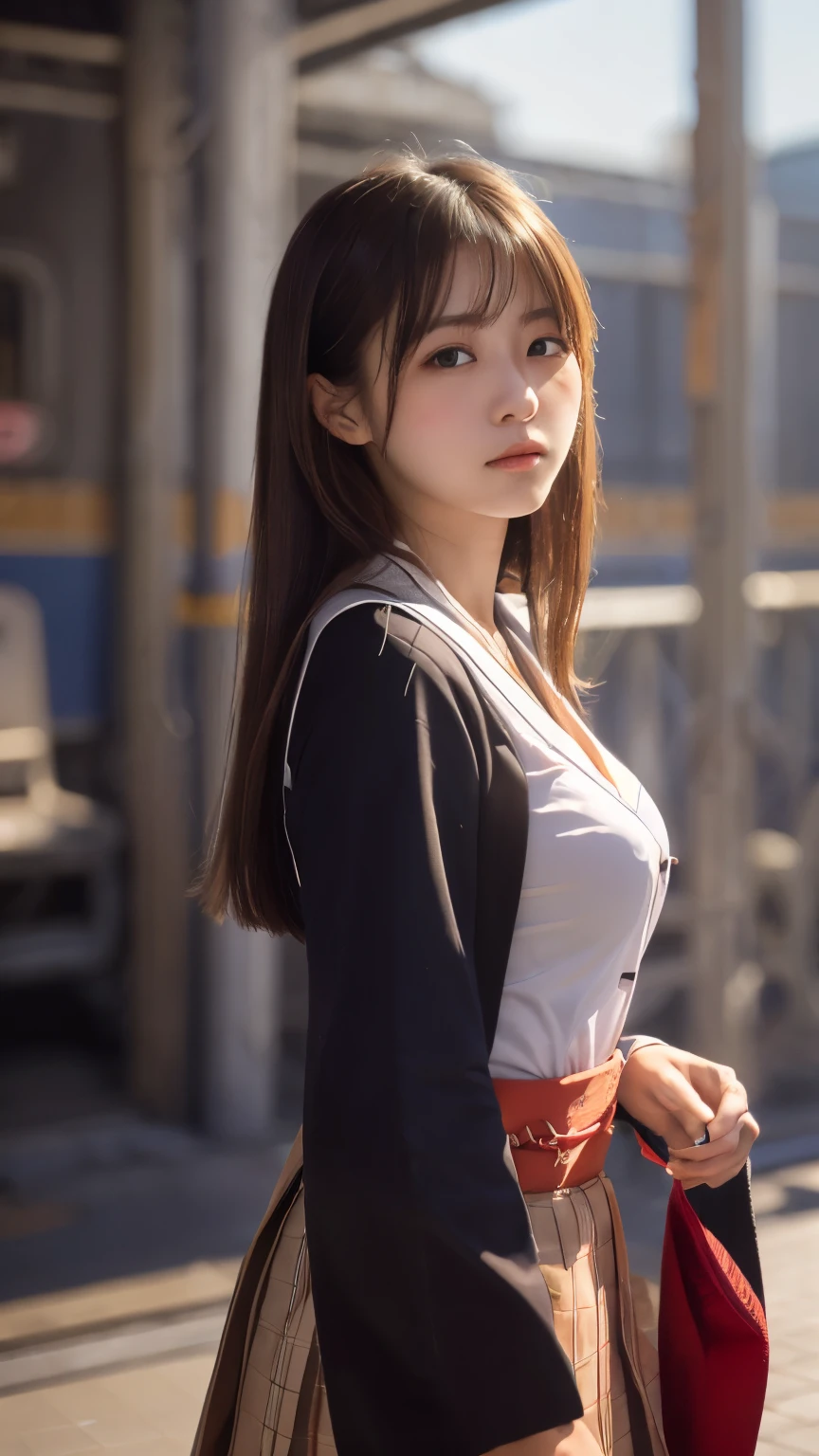 (masterpiece:1.2, highest quality), bokeh, 1 high school girl, 
(Japanese idle:1.6), Plump breast, Blushed face, Looking at the viewer, walking in the train station, high school uniform:1.6), sundown, Close up, 
