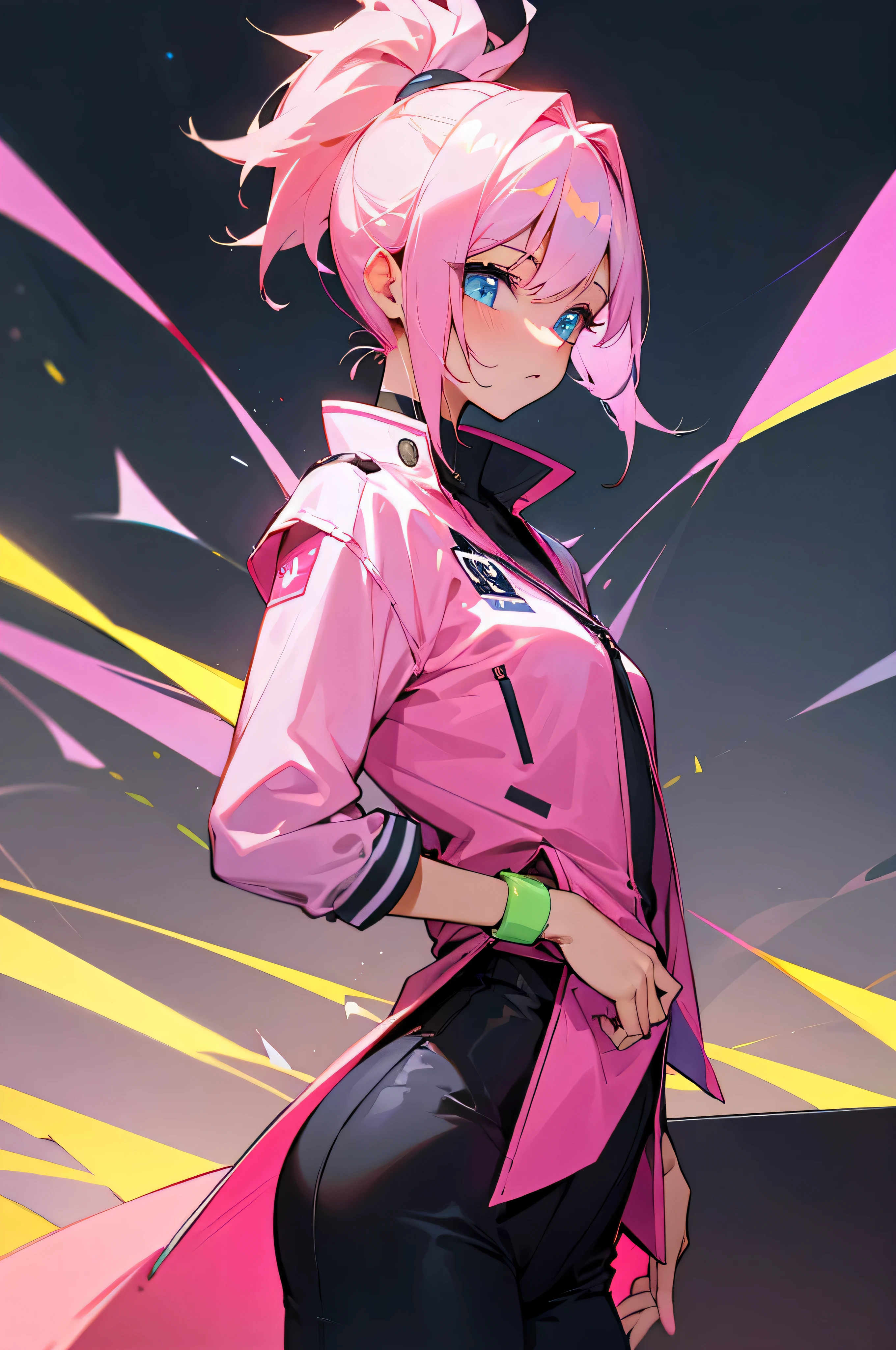 Pink yellow hair,High ponytail,neon,Jacket school uniform,Slim waist and flat chest,Sweet and cute girl