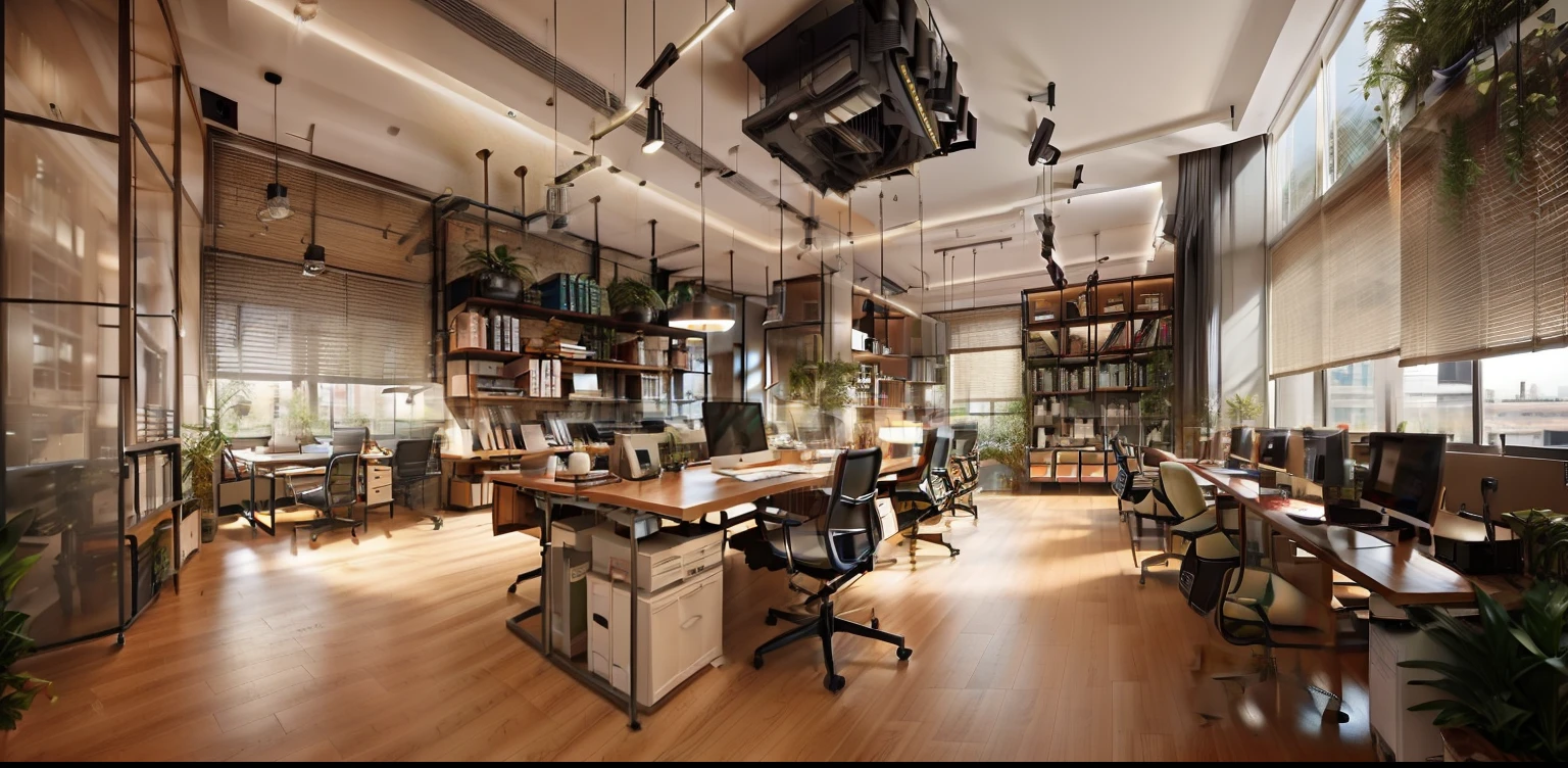 
interior office , modern style , Bright colors , natural light , masterpiece , best quality, ((Office)), office, indoors, window, chair, table, scenery, ceiling, , floor, glass wall, monitor, keyboard, book, flower,dramatic lighting, panel, sofa, screen, lamp, vent,