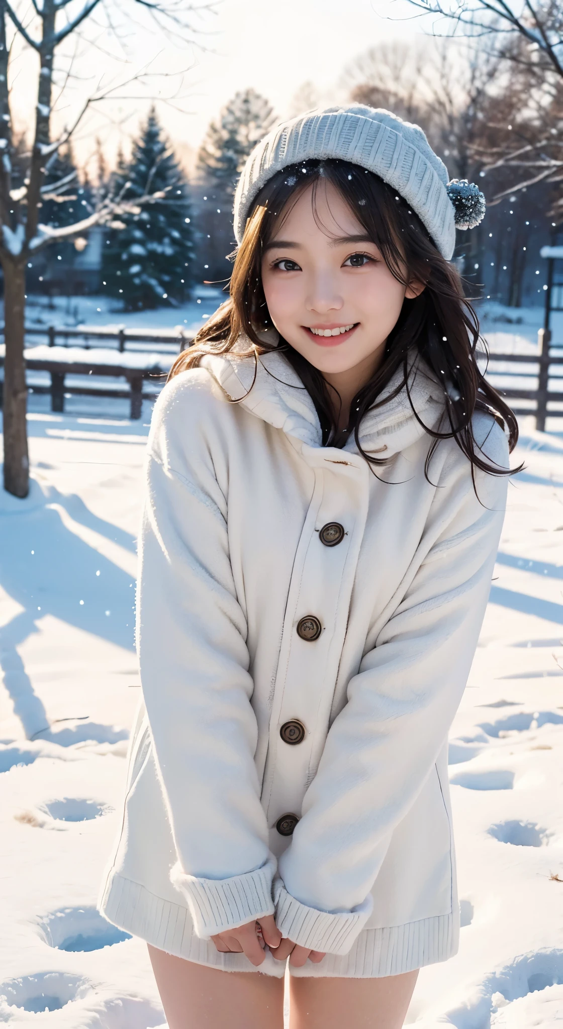 (Photographed by my boyfriend)、I&#39;m so embarrassed、order an embarrassing pose、((front view))、(highest quality、masterpiece)、NSFW、Stylish nudity、blush、Life、8k、ribbon hair ornament、looking at the viewer、wavy hair、laughter、open your mouth and smile、smile、Good atmosphere on site、with a 17 year old girl, snow scene, winter wonderland, cute and innocent look, rosy cheeks, sparkling eyes, warm winter clothes, ((take off winter clothes))、((No clothes))、cold、Pose with movement、footsteps in the snow, falling snowflakes, frosty tree, snow ground, soft snow texture, gentle and delicate lighting, pastel color palette, dreamy atmosphere, quirky and magical, 高解像度のmasterpiece:1.2, Super detailed, realistic:1.37, bright colors, Bokeh、無邪気なsmile、hair blowing in the wind、close up of face、Smiling、
