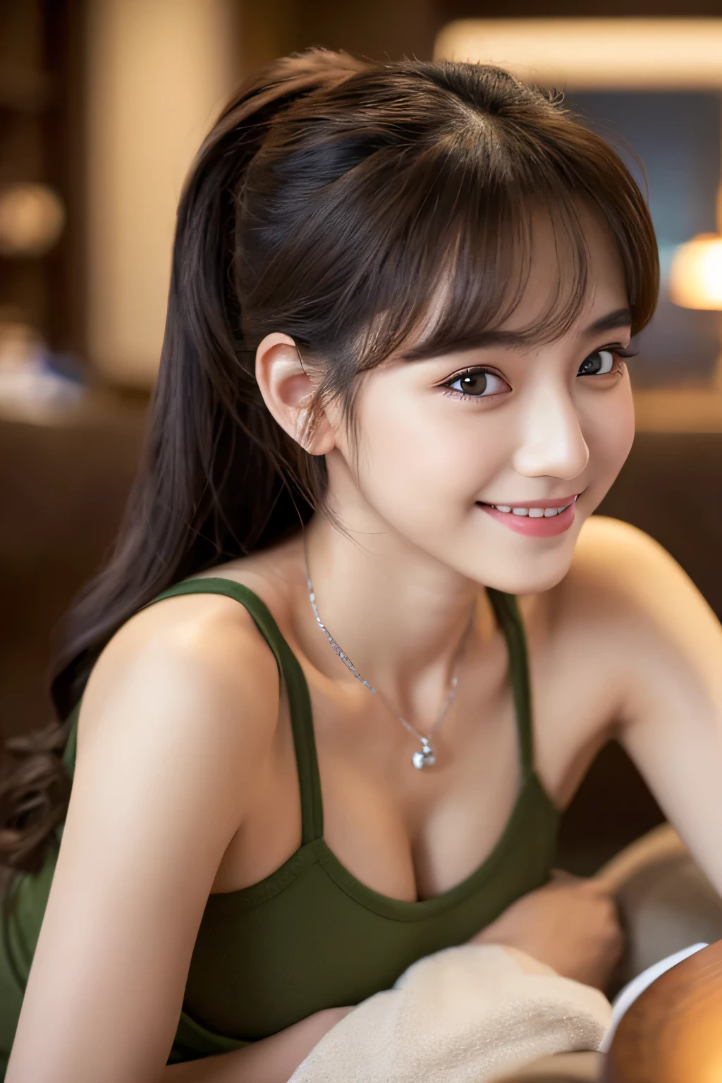 table top, highest quality, shape, Super detailed, finely, High resolution, 8k wallpaper, 完璧なダイナミックな構shape, beautiful and detailed eyes, tokyo trend冬ファッション,tokyo trend&Introducing cute hairstyles at random, small breasts, natural color lip, random sexy pose,cute smile、20 year old girl、beautiful and detailed face、perfect and beautiful face,Big eyes、Wear a dress with an open chest that shows off your body line beautifully、beautiful and detailed face、perfect and beautiful double eyelids、blur the background、perfect and beautiful face、Feminine poses、blur the background、Sitting on a calm and luxurious sofa、Dark store、Wear a small diamond necklace on your chest、selfie photo