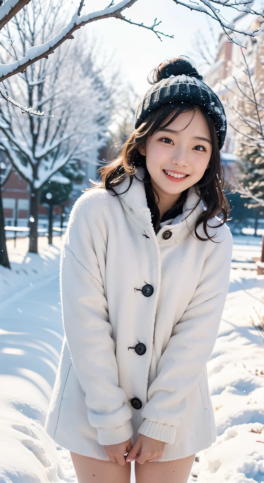 (Photographed by my boyfriend)、I'm so embarrassed、order an embarrassing pose、((front view))、(highest quality、masterpiece)、NSFW、Stylish nudity、blush、Life、8k、ribbon hair ornament、looking at the viewer、wavy hair、laughter、open your mouth and smile、smile、Good atmosphere on site、with a 17 year old girl, snow scene, winter wonderland, cute and innocent look, rosy cheeks, sparkling eyes, warm winter clothes, ((take off half of your winter clothes))、((No clothes))、cold、Pose with movement、footsteps in the snow, falling snowflakes, frosty tree, snow ground, soft snow texture, gentle and delicate lighting, pastel color palette, dreamy atmosphere, quirky and magical, 高解像度のmasterpiece:1.2, Super detailed, realistic:1.37, bright colors, Bokeh、無邪気なsmile、hair blowing in the wind、close up of face、Smiling、