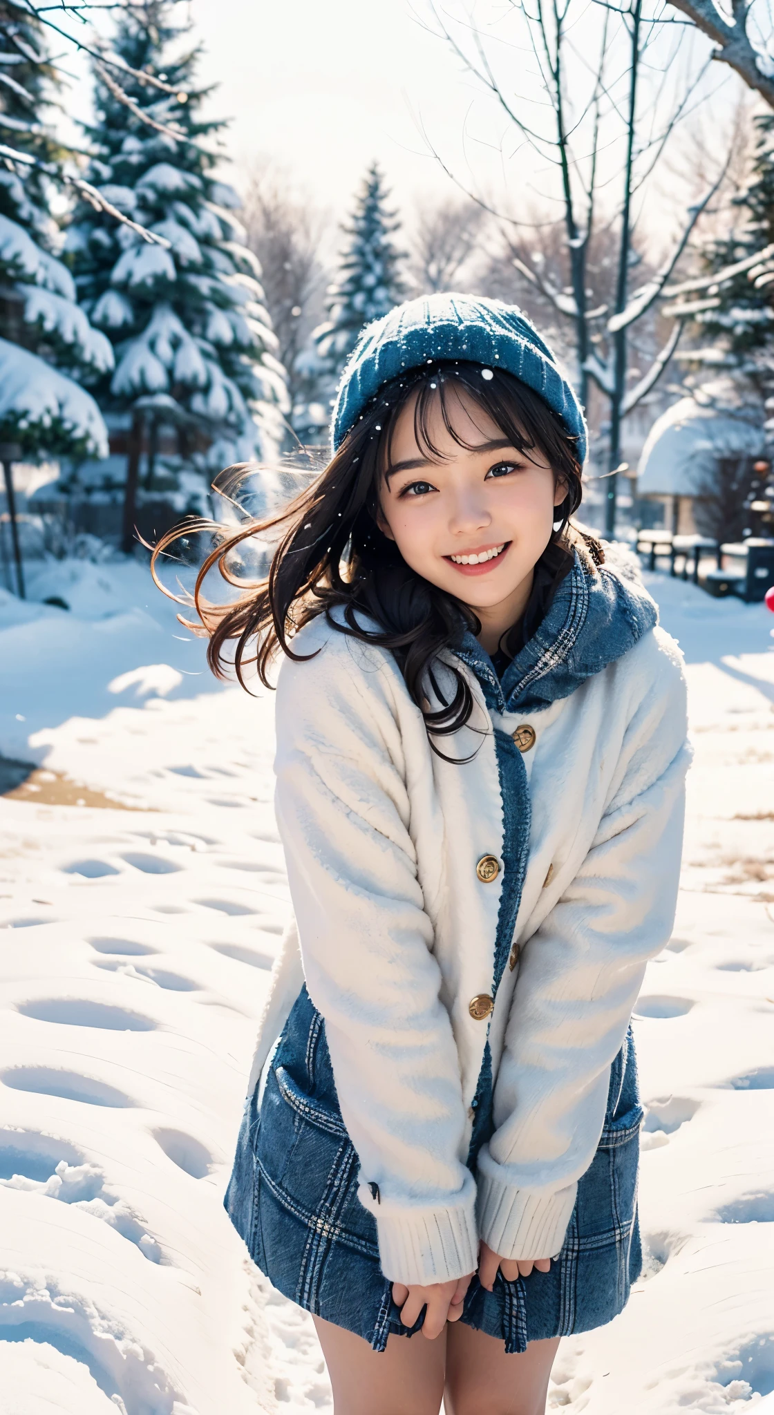 (Photographed by my boyfriend)、I&#39;m so embarrassed、order an embarrassing pose、((front view))、(highest quality、masterpiece)、NSFW、Stylish nudity、blush、Life、8k、ribbon hair ornament、looking at the viewer、wavy hair、laughter、open your mouth and smile、smile、Good atmosphere on site、with a 17 year old girl, snow scene, winter wonderland, cute and innocent look, rosy cheeks, sparkling eyes, warm winter clothes, ((take off half of your winter clothes))、((No clothes))、cold、Pose with movement、footsteps in the snow, falling snowflakes, frosty tree, snow ground, soft snow texture, gentle and delicate lighting, pastel color palette, dreamy atmosphere, quirky and magical, 高解像度のmasterpiece:1.2, Super detailed, realistic:1.37, bright colors, Bokeh、無邪気なsmile、hair blowing in the wind、close up of face、Smiling、