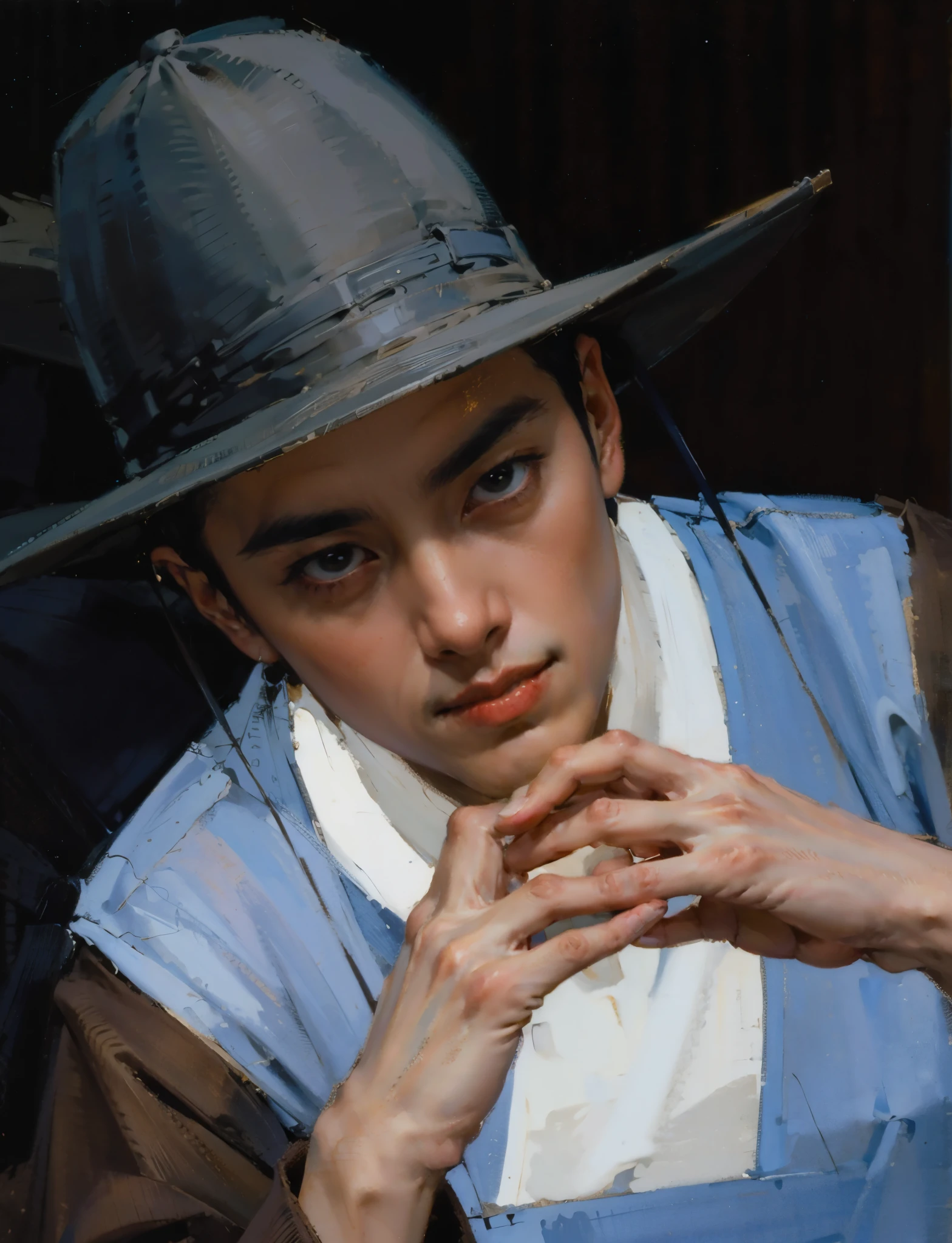 best quality,masterpiece,(painting:1.5),An ancient man from the Ming Dynasty of China,man wearing blue hanfu,fierce的眼神,There is stubble,beard,Stare hard to death,Staring at middle-aged men,Asian,a pair of men's hands,a pair of rough hands,A man's palm,General,sharp eyes eyes and,husband wearing blue clothes,wearing a hat,sit on bench, Inspired by Shin Saimdang, traditional clothing, traditional clothing, Hanbok, noble clothing, korean Hanbok, aristocratic appearance, Korean male, Wear period-appropriate clothing, classical robe, precise, Wearing noble robes, Wearing ancient Chinese clothing,Dark brown wide-sleeved Hanfu,firm eyes,fierce,Handsome man,young man,(a detailed painting:0.353),(文艺复兴古典painting风格:0.8)