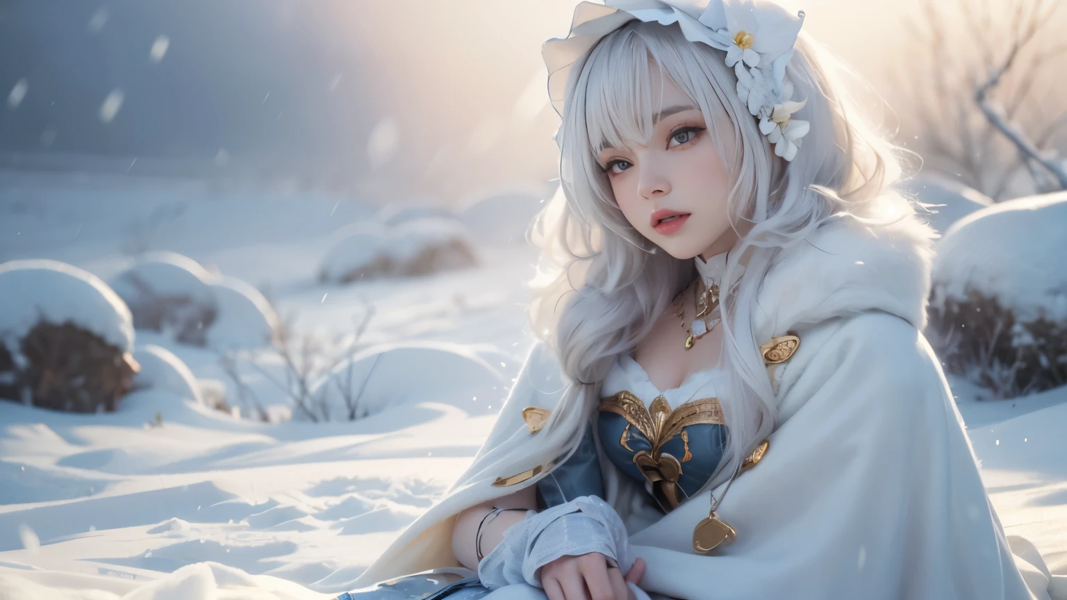 (8k, original photo, lifelike:1.4)， high resolution, 1 female, alone,3d， Buttocks up,(ta costume)，Wear a flowing skirt， beautiful eyes, white hair, eye socket, (sitting，Cloak，blizzard)，snowfield，(Full body female love:1.5)