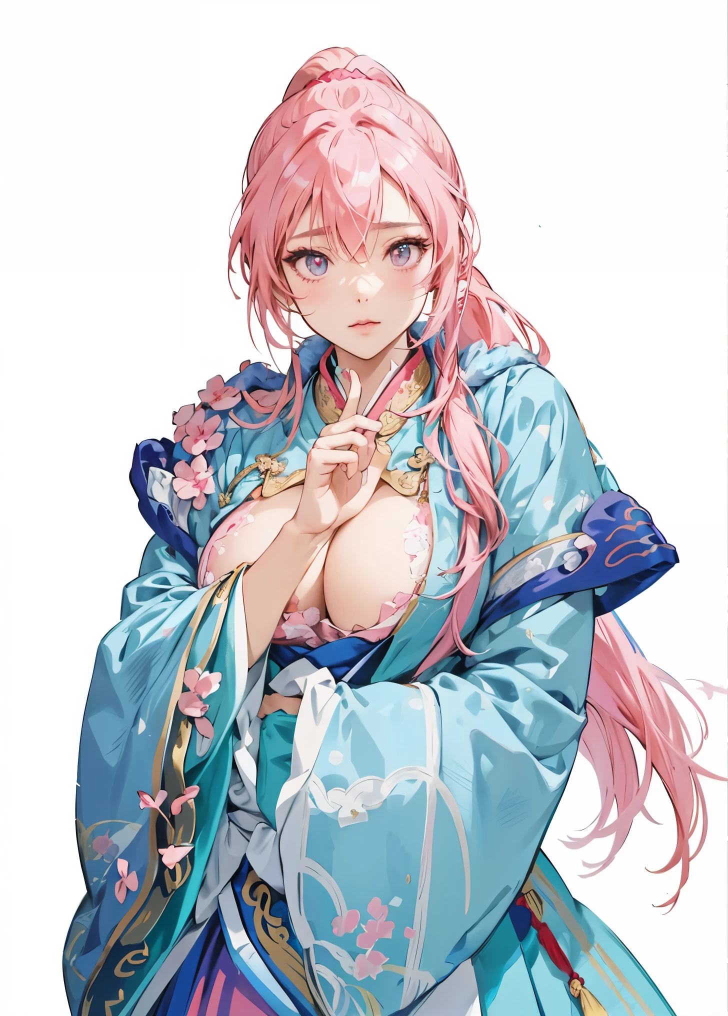 wearing blue dress、Anime girl with pink hair and white dress, Pink ponytail hair and cyan eyes, ((Wearing noble robes)), Cute anime waifu wearing beautiful clothes, eager character, Anime character with pink hair and red chinese hanfu, Popular topics on artstation pixiv,Produced by Anime Painter Studio, guweiz style artwork, Beautiful anime portrait, Detailed anime character art, Clean and detailed anime art，Three Kingdoms style，Three Kingdoms Unparalleled Style，Dressed in ancient Chinese costumes，Sonison，Open-chest outfit，Topless top，open chest，big ，Good shape，extremely delicate and beautiful, Amazing cleavage, Pink ponytail hair，Shine skin，European and American fat lips，，Anime style nose，European and American makeup，cute girl，huge breasts，Proud figure，Hot in pink high ponytail，Pink single ponytail，super huge 