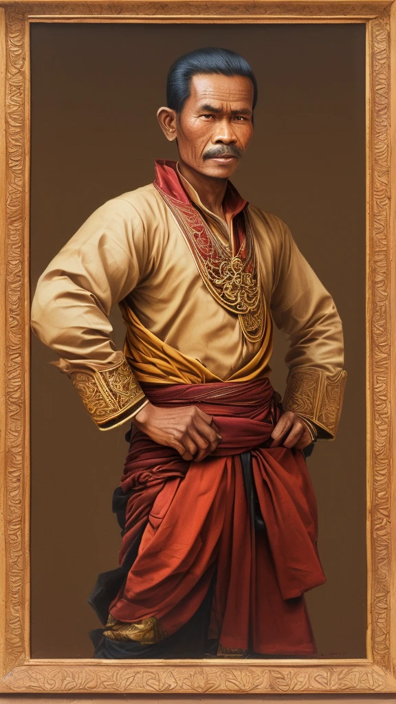 Black and brown drawing of a javanese traditional man, on kraft paper, Karl Kopinski, fantasy, highly detailed, Vlop and Krenz Cushart, ornate detailing, Jean-Sebastian Rossbach, James Gene