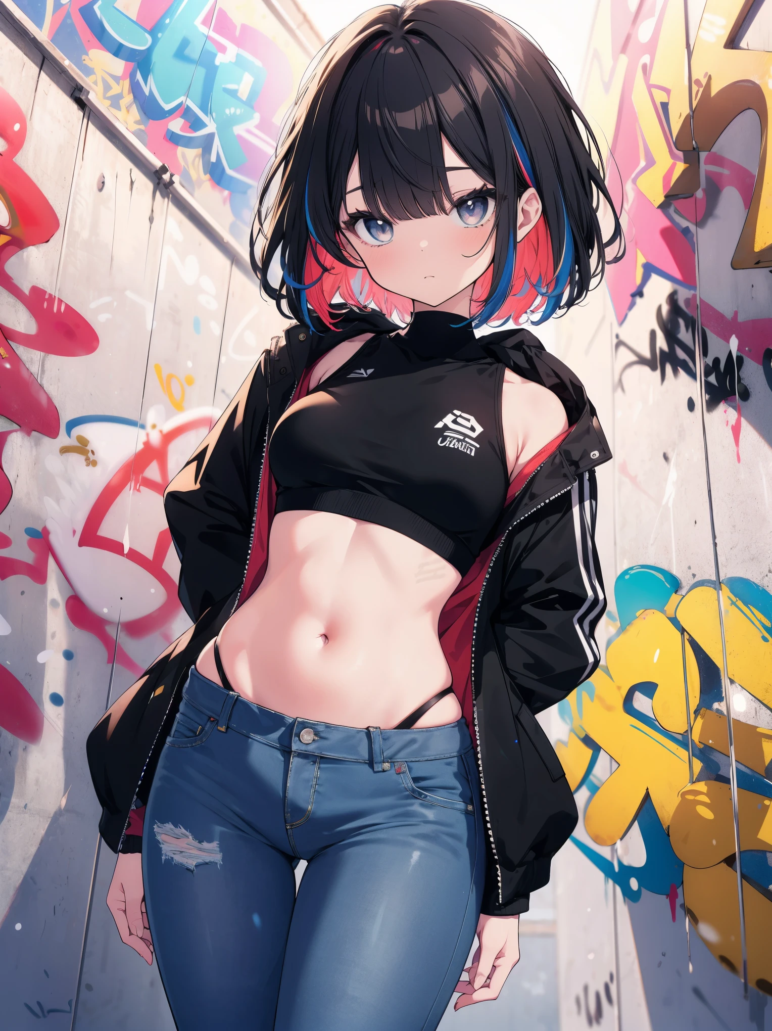 (cowboy shot), (best quality, ultra-high resolution, depth of field:1.2), adult, 1woman, toned body, medium breasts, wide hips, solo, black hair, streaked hair, short hair, bangs, cropped jacket, (black crop top), highleg, highleg panties, highleg thong, (denim jeans), (graffiti:1.4), paint-stained clothes, slouching, laying on the wall, looking at viewer, upturned eyes, head tilt, bored, hands behind back
