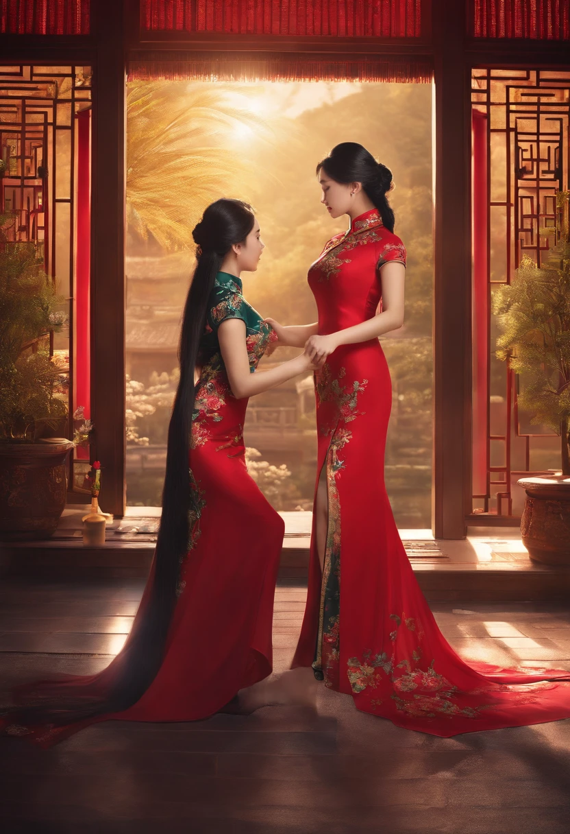 cheongsam, 2 girls, alone, black hair, long hair, whole body,  young women