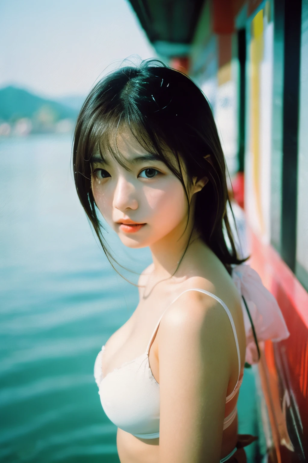 Photo of a Beautiful Korean kpop idol Woman, Summer, Lustful, film grain, Ilford HP5, 80mm