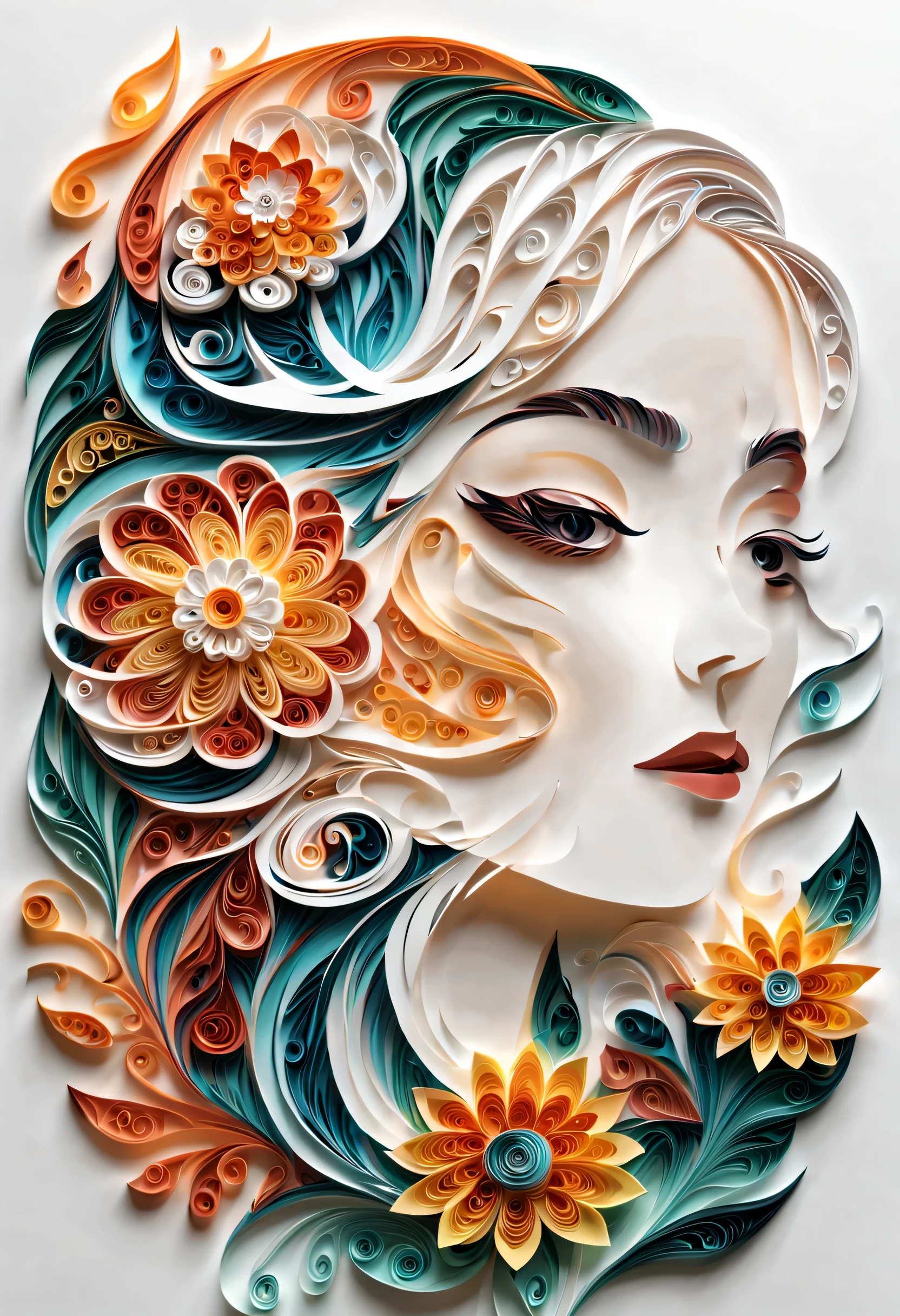 剪paper art术,(Plane paper cutting，paper art，layered paper art，paper quilling, The art of math),pure white background, girl，(high detail, masterpiece, best quality, ultra high definition)