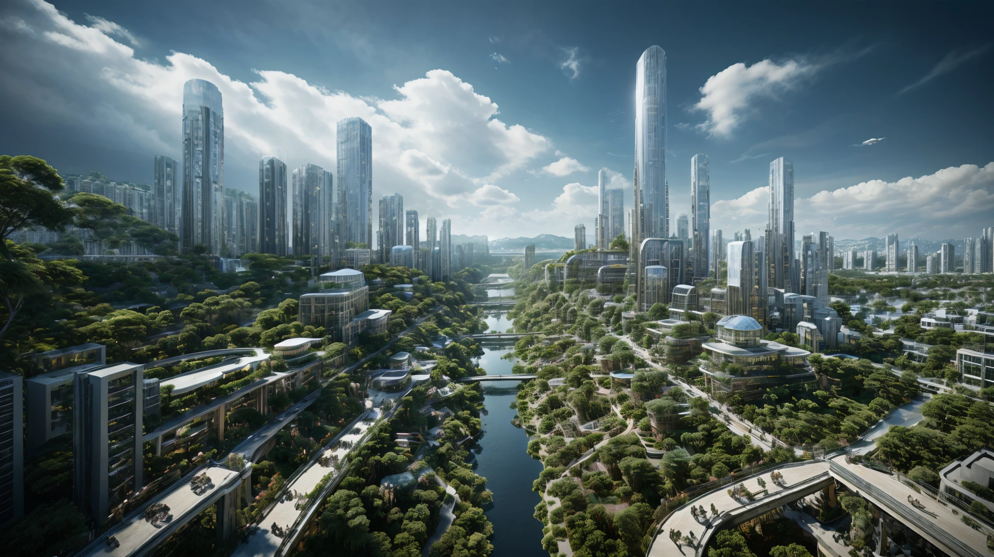 In the heart of a futuristic green city, the vibrant hues of lush greenery and advanced architectural structures converge in a breathtaking tableau. Building facades, adorned with luscious vegetation and sculpted in sleek lines, soar towards the sky. The streets bustle with the hum of advanced technology, intermingling with the gentle rustling of leaves. Solar panels and wind turbines dot the rooftops, generating clean energy for this eco-conscious urban wonderland.