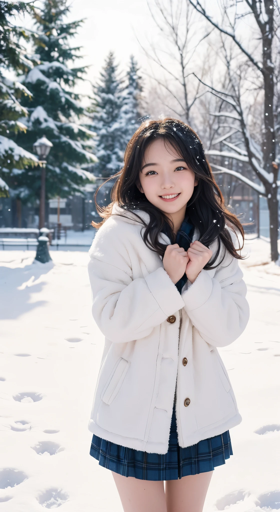(Photographed by my boyfriend)、I&#39;m so embarrassed、order an embarrassing pose、((front view))、(highest quality、masterpiece)、NSFW、Stylish nudity、blush、Life、8k、ribbon hair ornament、looking at the viewer、wavy hair、laughter、open your mouth and smile、smile、Good atmosphere on site、with a 17 year old girl, snow scene, winter wonderland, cute and innocent look, rosy cheeks, sparkling eyes, warm winter clothes, ((take off half of your winter clothes))、((No clothes))、cold、Pose with movement、footsteps in the snow, falling snowflakes, frosty tree, snow ground, soft snow texture, gentle and delicate lighting, pastel color palette, dreamy atmosphere, quirky and magical, 高解像度のmasterpiece:1.2, Super detailed, realistic:1.37, bright colors, Bokeh、無邪気なsmile、hair blowing in the wind、close up of face、Smiling、