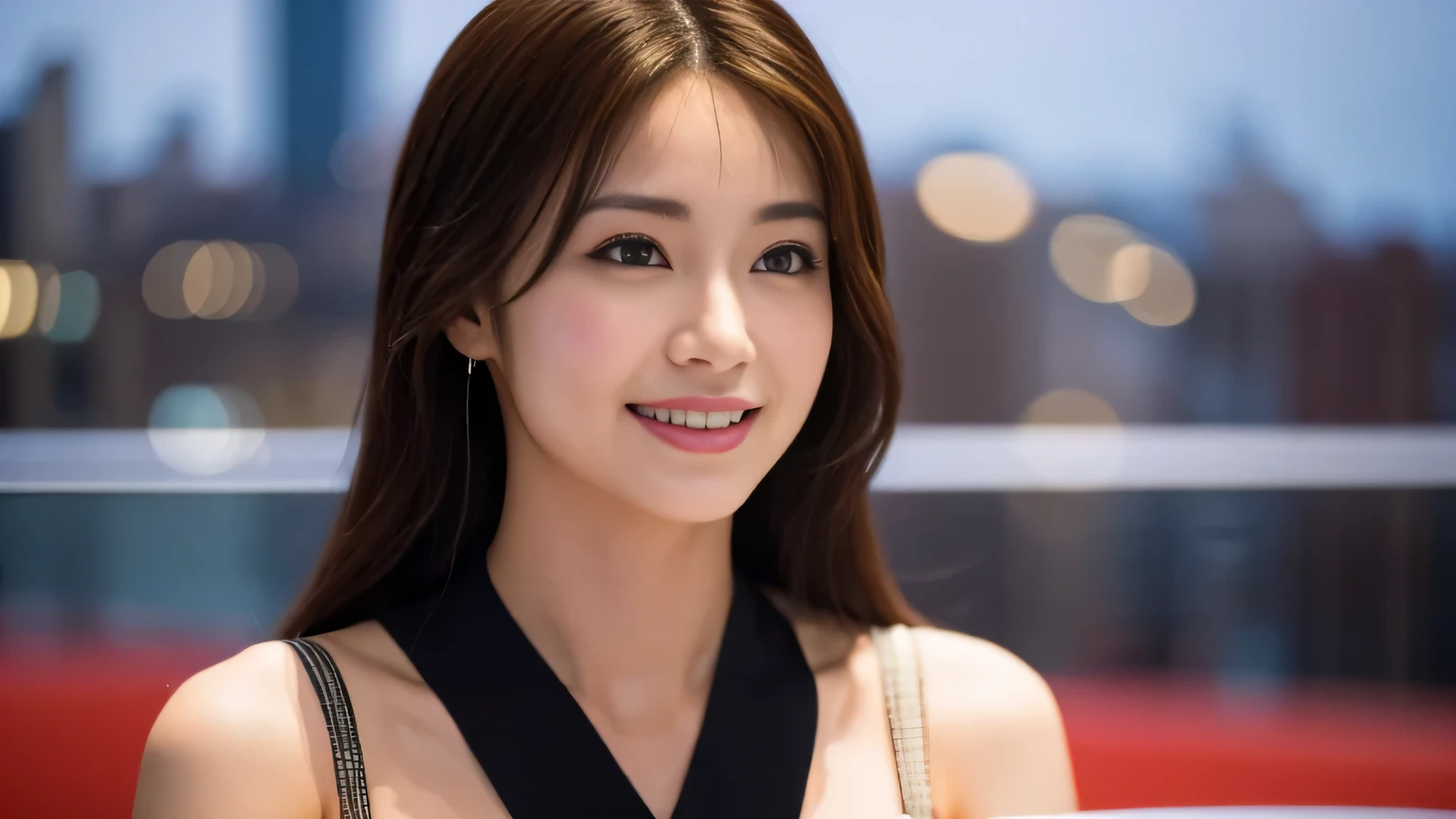 highest quality, table top, ultra high resolution, (Photoreal: 1.4), Front view, Half body, famous japanese actress, revealing clothing, very beautiful woman, cute, Cinematic 35mm lens, f/1 .8, 上Half bodyショット, smile, City of night