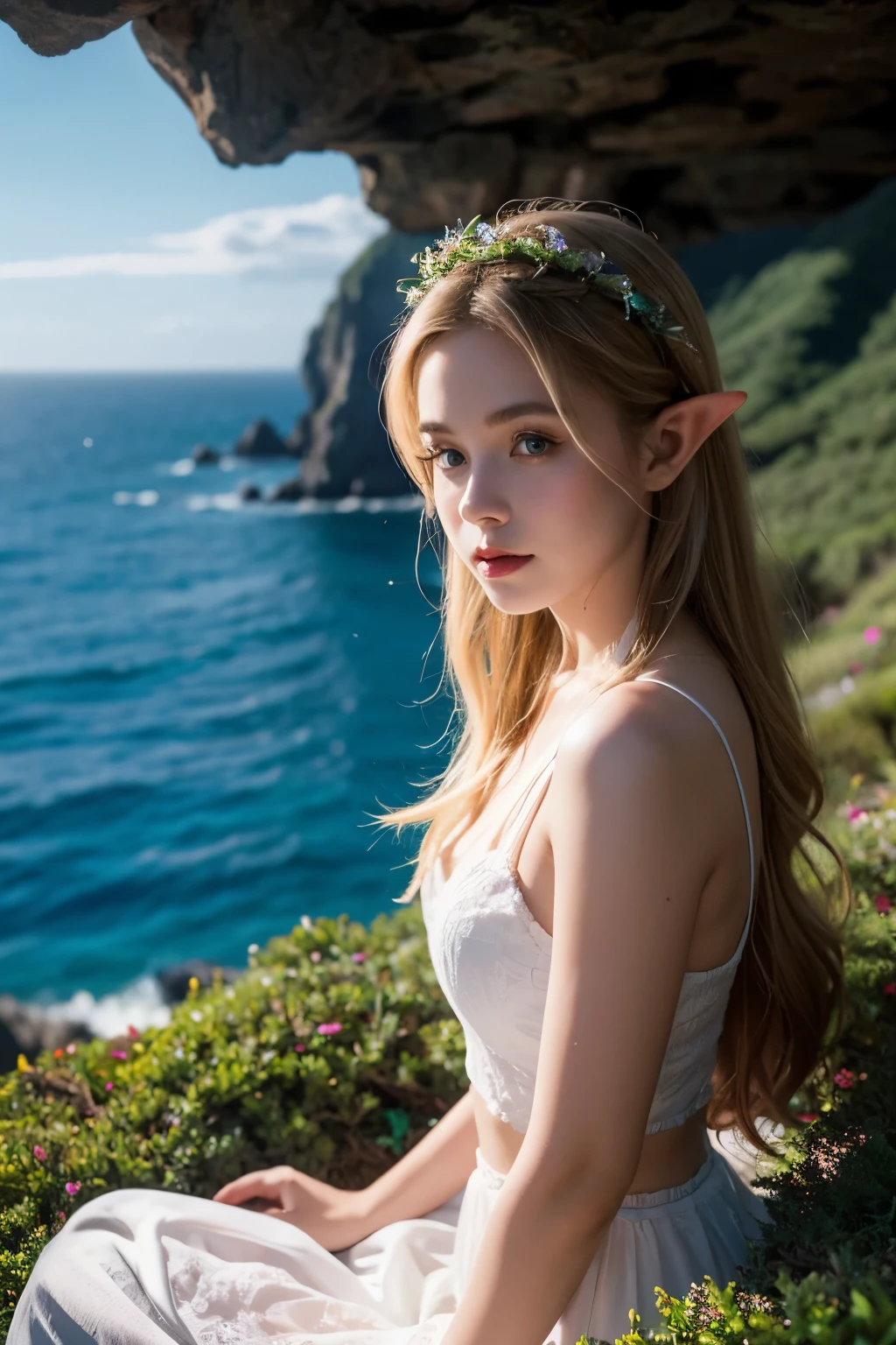 {{strong rim light}}, {{the top of the hill}}, {in the ocean}, girl, {elf},