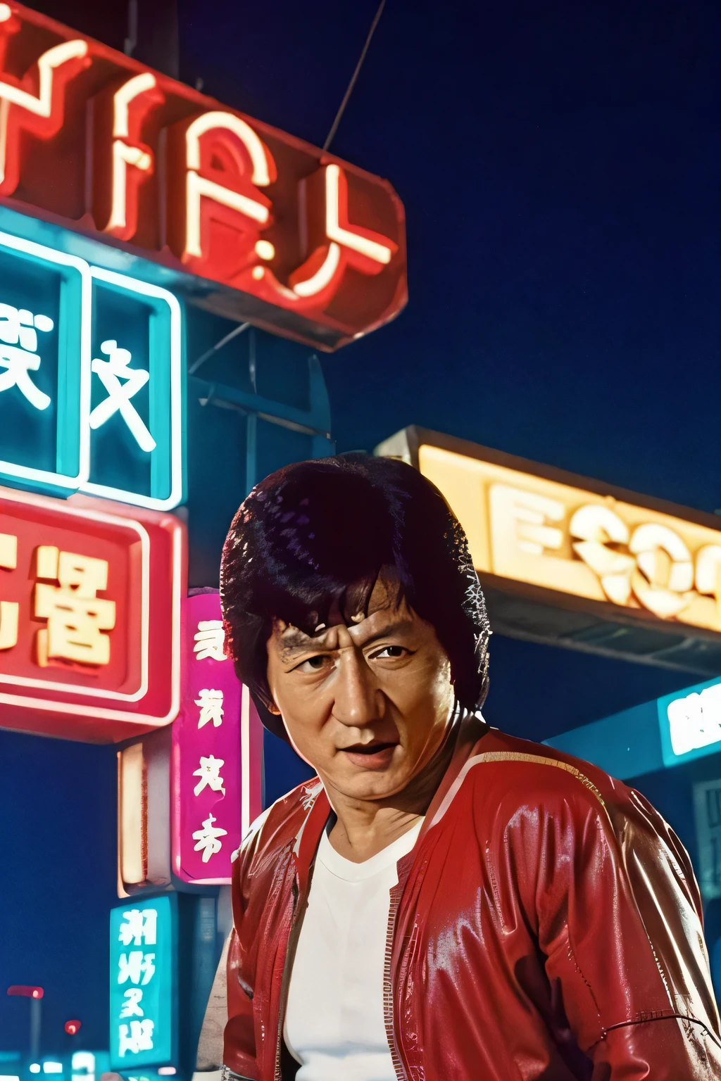 Jackie Chan,Jackie Chan,にやにやof笑顔,masterpiece, highest quality,film grain, high color saturation, scenery,night,light_of,neon lights, neon trim,