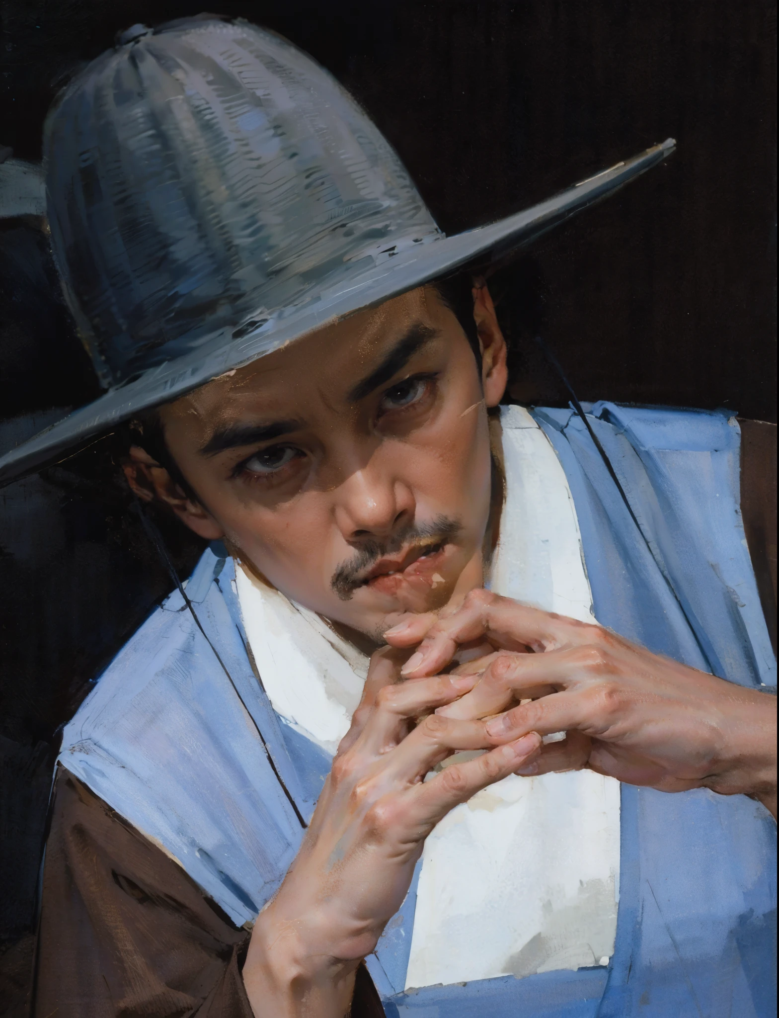 best quality,masterpiece,(painting:1.5),An ancient man from the Ming Dynasty of China,man wearing blue hanfu,fierce的眼神,Stare hard to death,Staring at middle-aged men,Asian,a pair of men's hands,a pair of rough hands,A man's palm,General,sharp eyes eyes and,husband wearing blue clothes,wearing a hat,sit on bench, Inspired by Shin Saimdang, traditional clothing, traditional clothing, Hanbok, noble clothing, korean Hanbok, aristocratic appearance, Korean male, Wear period-appropriate clothing, classical robe, precise, Wearing noble robes, Wearing ancient Chinese clothing,Dark brown wide-sleeved Hanfu,firm eyes,fierce,Handsome man,young man,(a detailed painting:0.353),(文艺复兴古典painting风格:0.8)