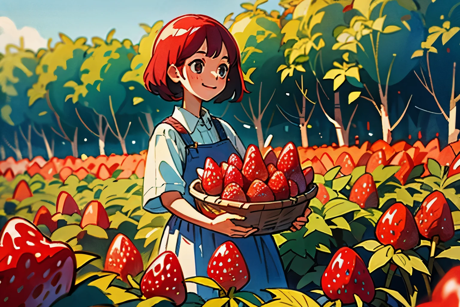 strawberry picking、girl、fun、lots of strawberries