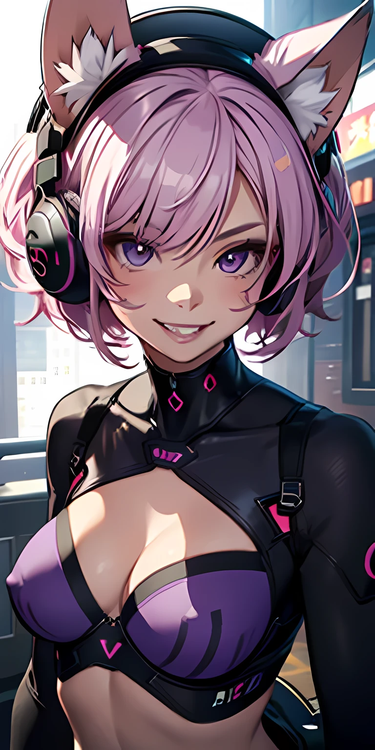 animesque、a sticker、A sticker mainly for the face and mouth、Close-up of the mouth、1beautiful girl、pink cyber girl、、cat ears headphones、short-hair、teak、lip stick、Big smile, cheshire cat smile, fangs, thin frame, small breasts, tiny tits, micro-top, flat chest、cleavage of the breast、simple background、