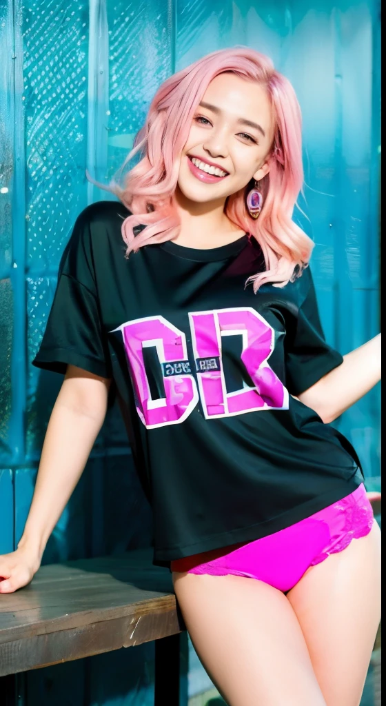 beautiful woman, japanese actress, look at us and smile, Upper body, 信じられないほど詳細なface, 信じられないほど詳細なbeautiful目, ,(beautiful),(Feminine characteristics), (18-year-old:1.4), alone, 1 female, (attractive punk girl), blue eyes,face、(laughter:1.5),(facing the front:1.2),(dark clothes), (band t-shirt), faceに焦点を当てる, pink hairのミディアムヘア, (pink hair), ear hair, , single blade, (single blade), (side blade) ,table top, high quality, 最high quality, very detailed, Extremely detailed, 4k, (low rise panties), (bsdm)