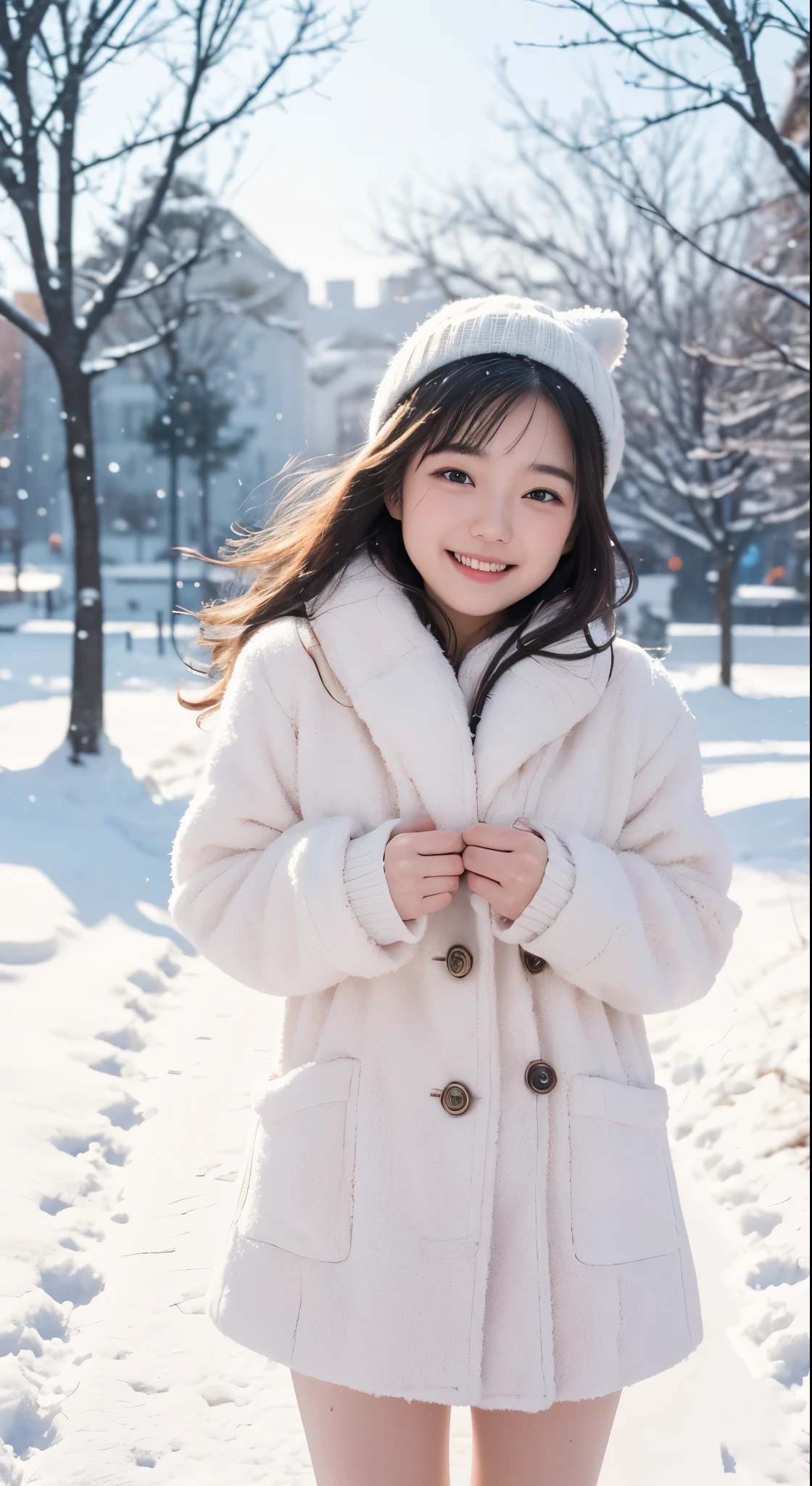 (Photographed by my boyfriend)、I'm so embarrassed、order an embarrassing pose、((front view))、(highest quality、masterpiece)、NSFW、Stylish nudity、blush、Life、8k、ribbon hair ornament、looking at the viewer、wavy hair、laughter、open your mouth and smile、smile、Good atmosphere on site、with a 17 year old girl, snow scene, winter wonderland, cute and innocent look, rosy cheeks, sparkling eyes, ((No clothes))、cold、woolen hat、Pose with movement、footsteps in the snow, falling snowflakes, frosty tree, snow ground, soft snow texture, gentle and delicate lighting, pastel color palette, dreamy atmosphere, quirky and magical, 高解像度のmasterpiece:1.2, Super detailed, realistic:1.37, bright colors, Bokeh、無邪気なsmile、hair blowing in the wind、close up of face、Smiling、