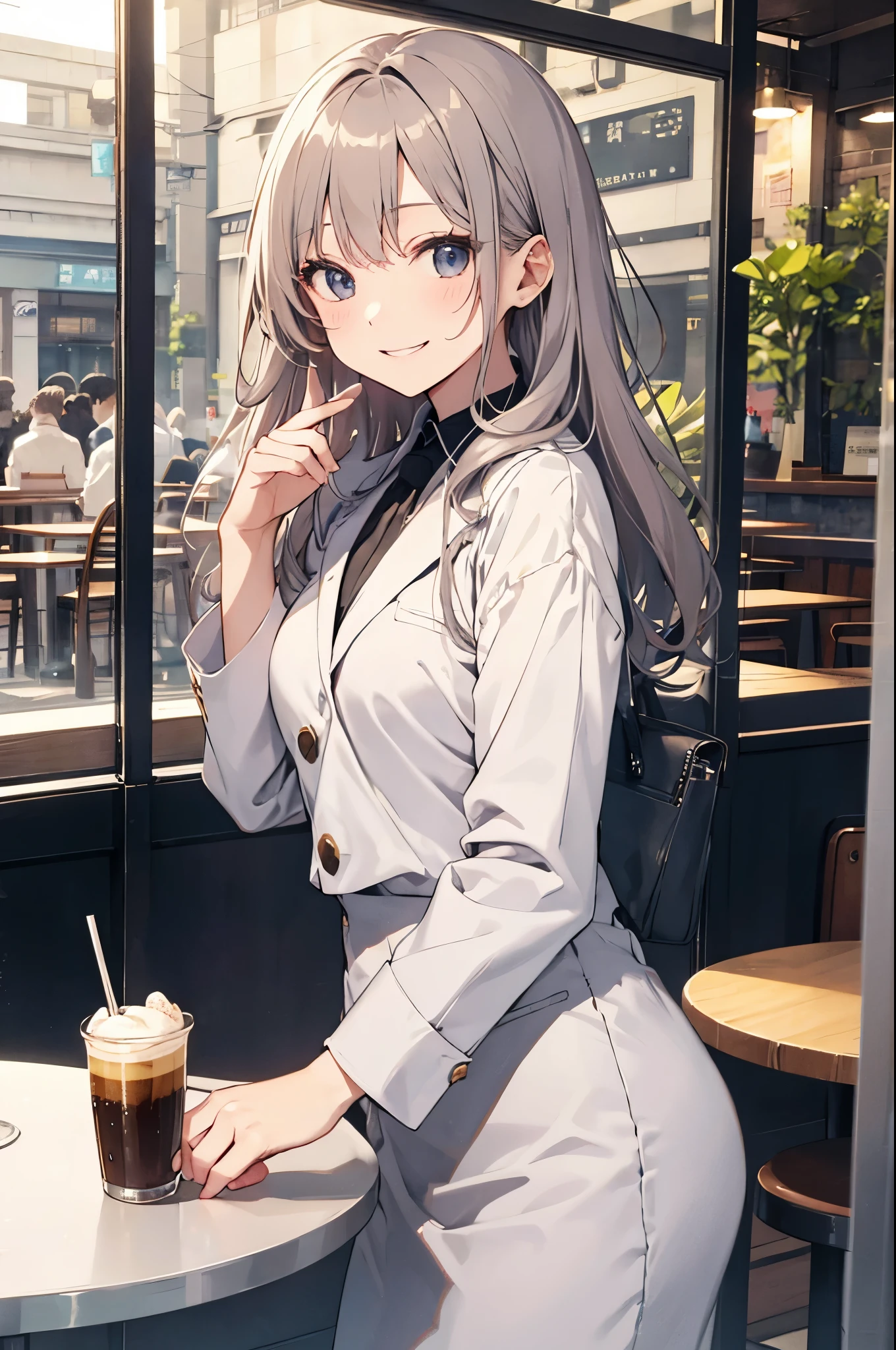 (Pretty sister:1.3)、happy face,spring atmosphere、noon、aggressive、Cafe、((suit))