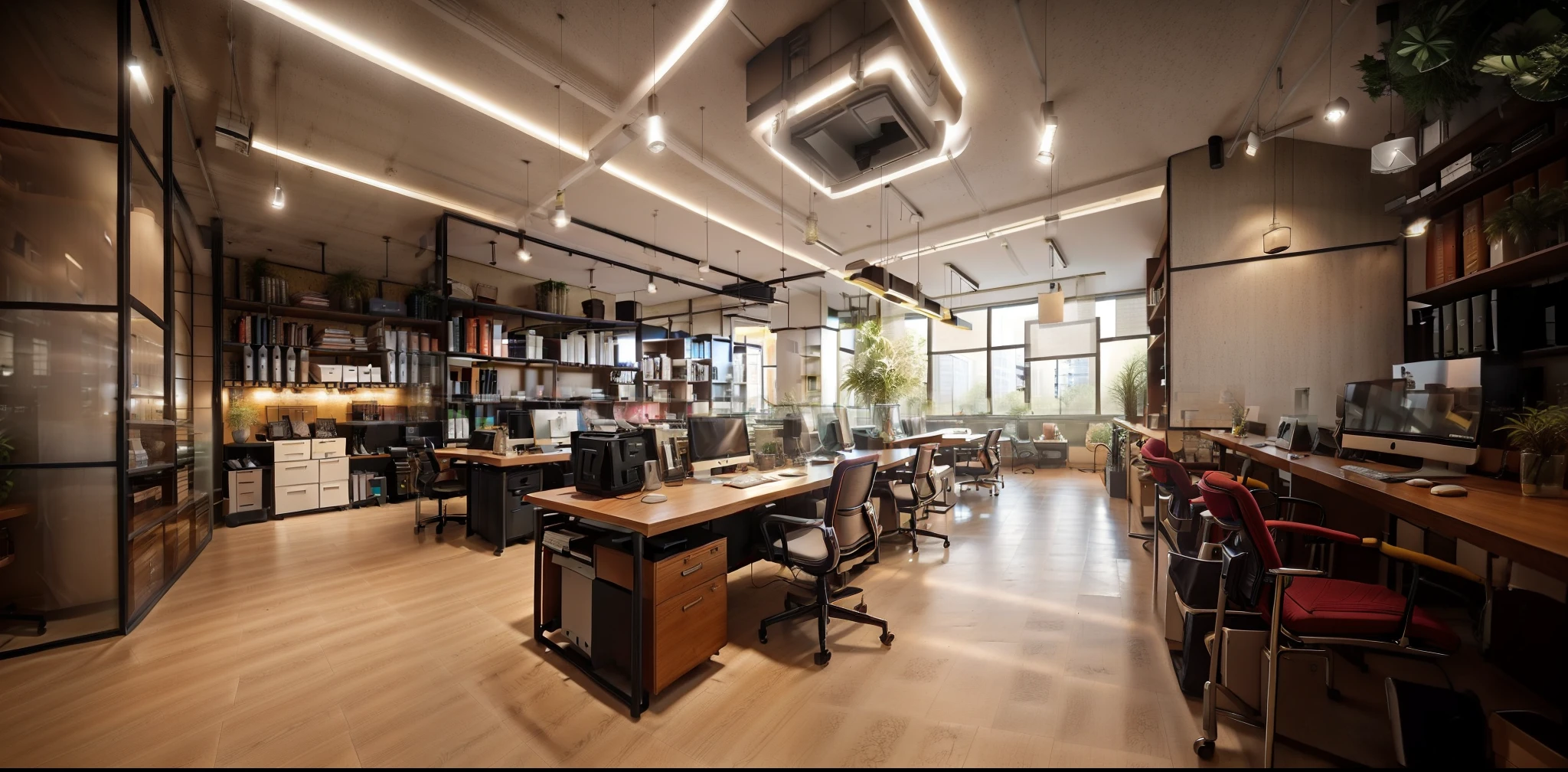 (carpeted floor)
interior office , modern style , Bright colors , natural light , masterpiece , best quality, ((Office)), office, indoors, window, chair, table, scenery, ceiling, , floor, glass wall, monitor, keyboard, book, flower,dramatic lighting, panel, sofa, screen, lamp, vent,