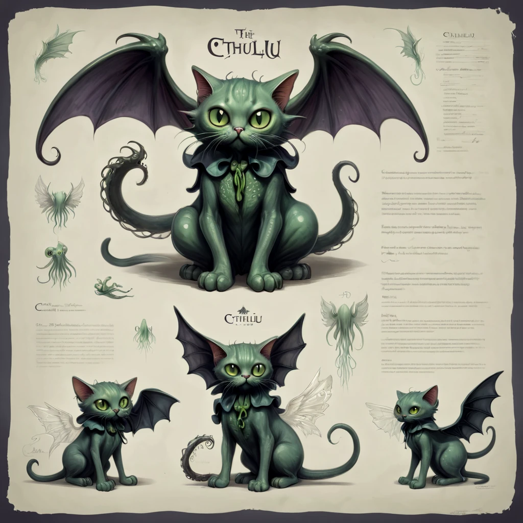 High Resolution, High Quality, Masterpiece. character design sheet .  Cathulhu (Cthulhu the cat), blending the ominous essence of Cathulhu and the whimsy of a cat with wings and tentacles, , featuring hyperrealism, surrealistic elements, impeccable composition, 