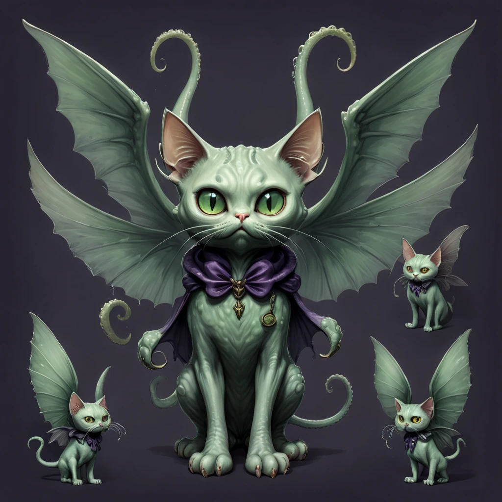 High Resolution, High Quality, Masterpiece. character design sheet .  Cathulhu (Cthulhu the cat), blending the ominous essence of Cathulhu and the whimsy of a cat with wings and tentacles, , featuring hyperrealism, surrealistic elements, impeccable composition, 