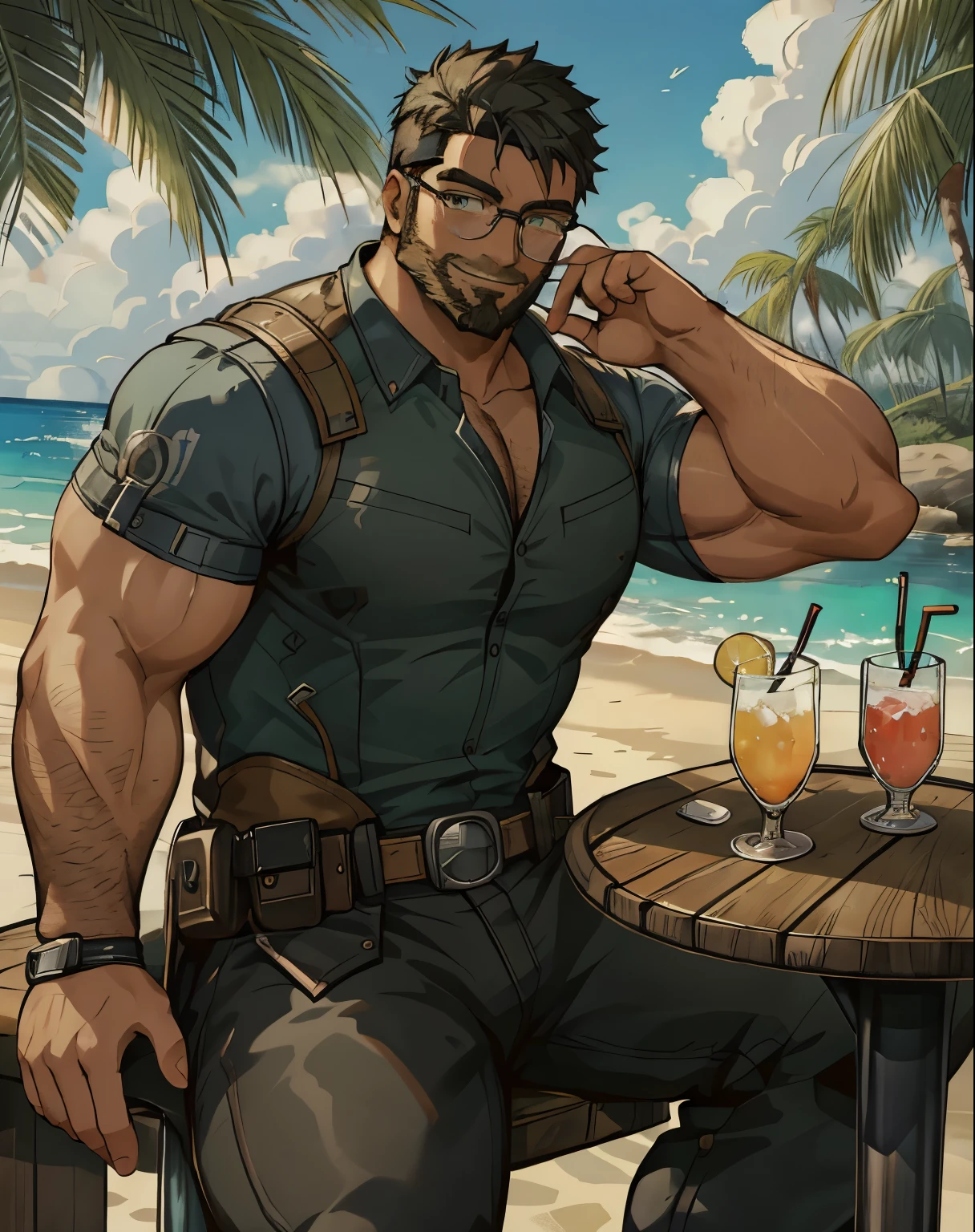 Masterpiece, Best Quality, Ultra-Detailed, 1man, 30 years old, stud, hunk, bara, muscular, jock, huge muscles, black hair, black beard, ((full beard:1.0)), black mustache, green eyes, steampunk googles on head, hawaiian shirt, (((short sleeve shirt:1.0))), open shirt, hairy chest, hairy torso, hairy abdomen, looking at the viewer, happy expression, sitting, holding a drink