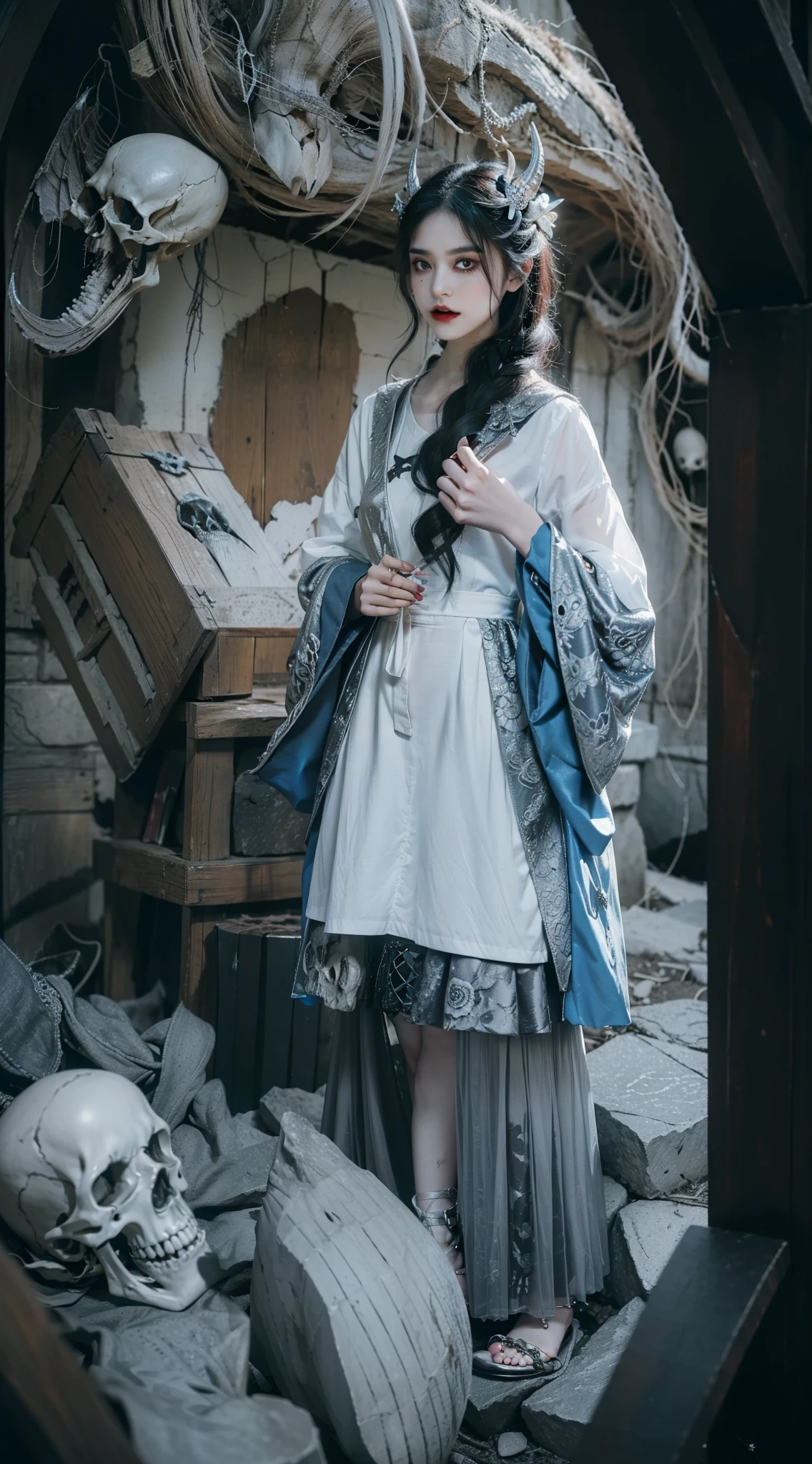 beautifully,Picture of box full of swords,wing, succubus theme,fallen angel,Excellent,scary,secret horror,tentacle,have eyes,uncanny valley effect,little beast blood moon,skull skeleton,vampire,Hellfire,female devil,Swarovski crystals,vampire公主,Stone Mountain,Wear long skirts without exposing your legs